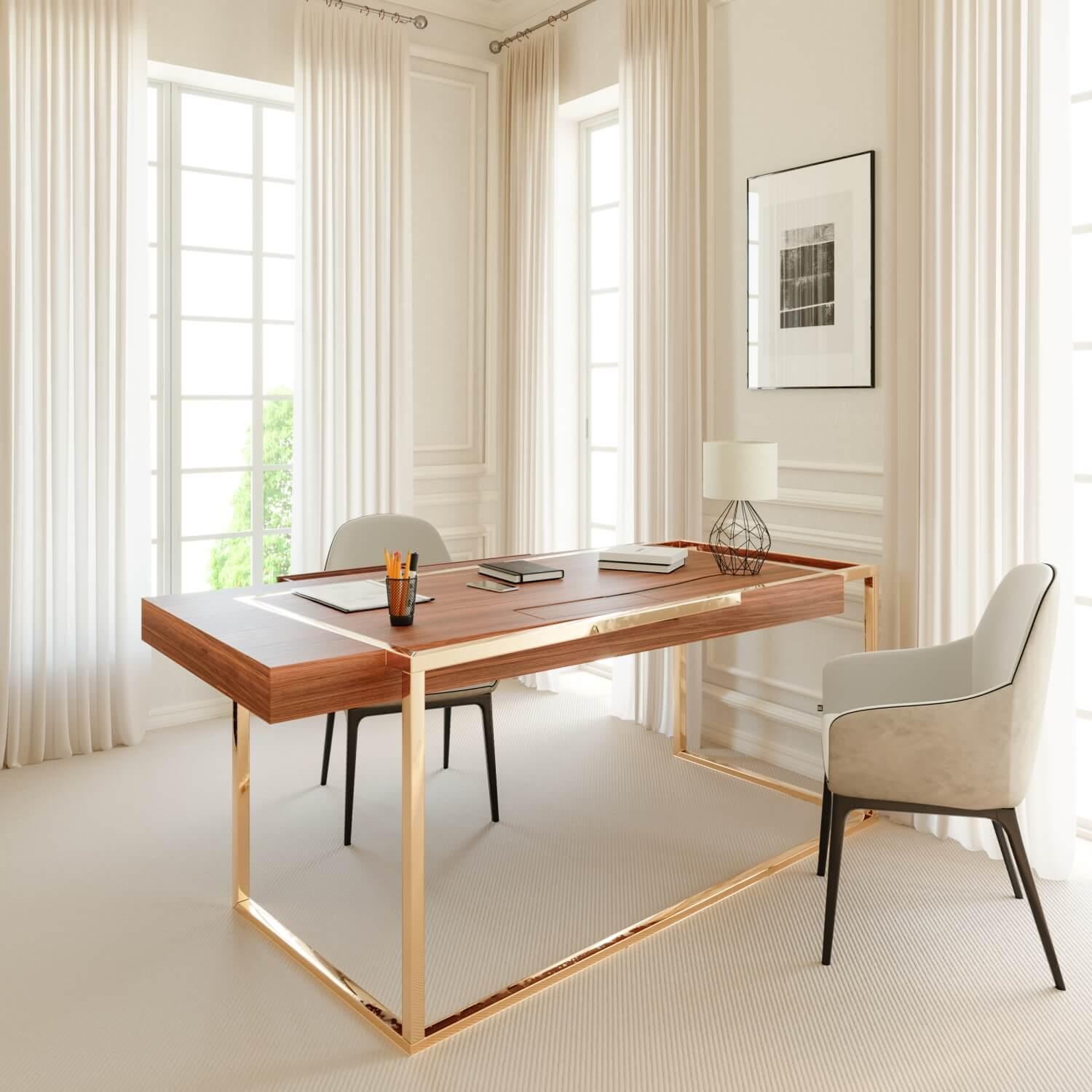 The Moderns Home Office Accent Writing Executive Desk Walnut Wood and Brushed Brass (en anglais) en vente 11