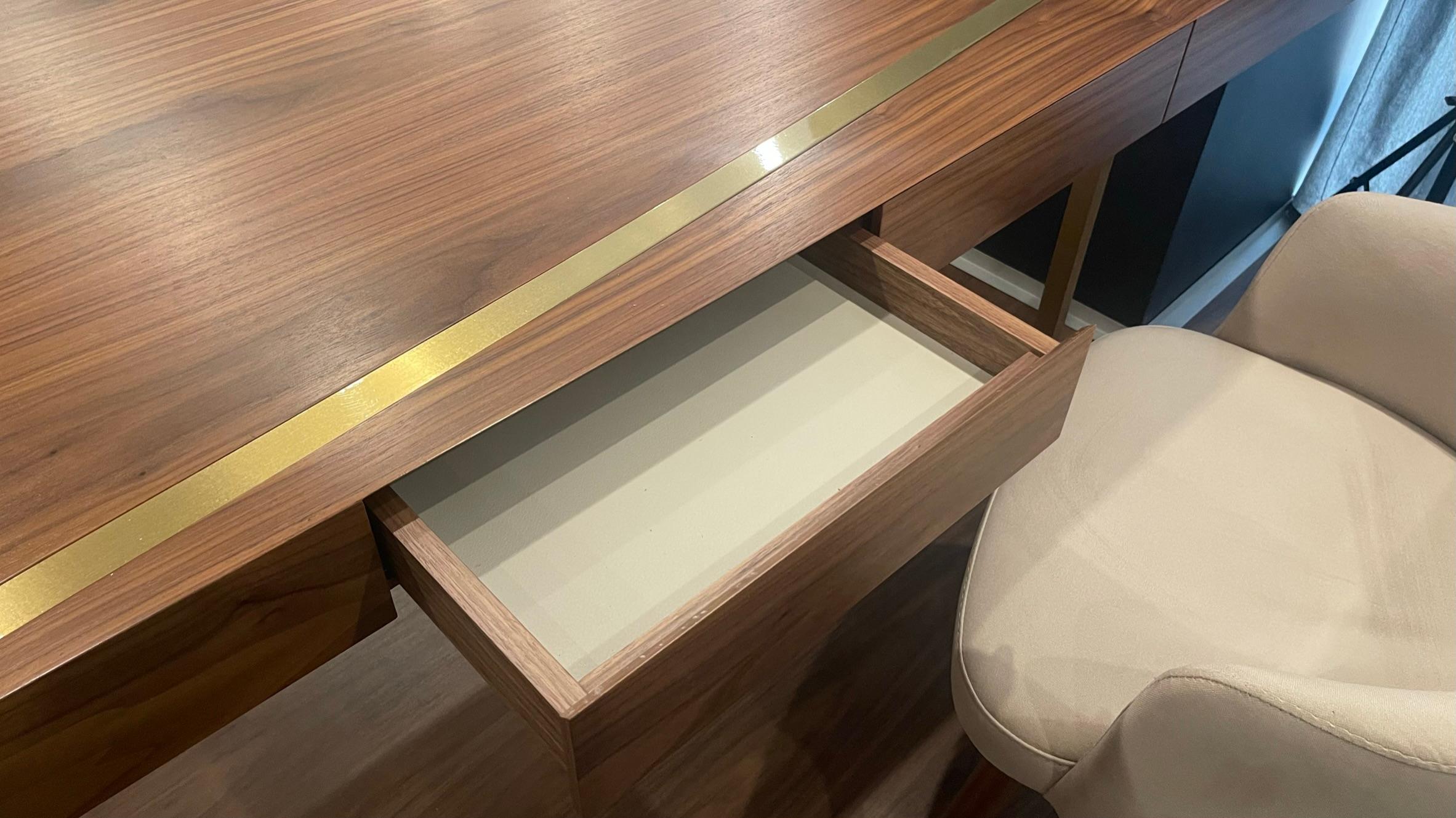 Teak Modern Home Office Accent Writing Executive Desk Walnut Wood and Brushed Brass For Sale