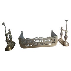 "Home Sweet Home" Solid Brass Fireplace Fender and Fireplace Dogs Set