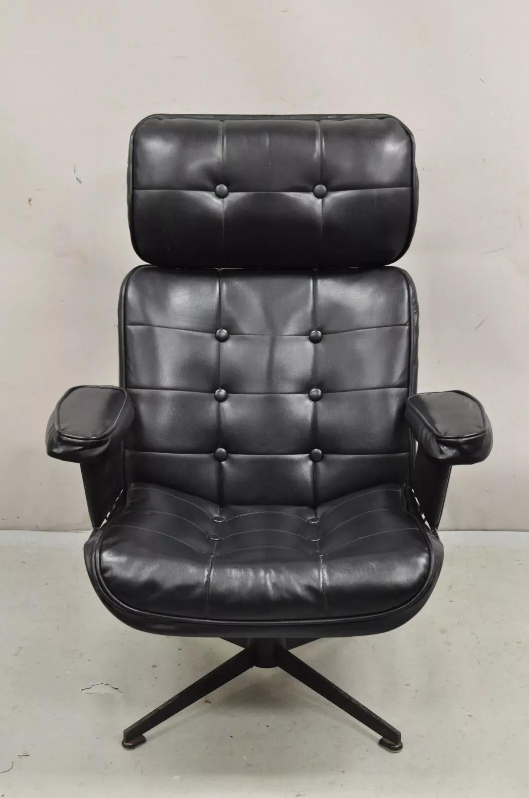 Vintage Bottemiller for Homecrest Mid Century Modern Swivel Iron Frame Lounge Chair & Ottoman with Original Black Vinyl Upholstery.  Circa Mid 20th Century. Measurements: Chair: 42