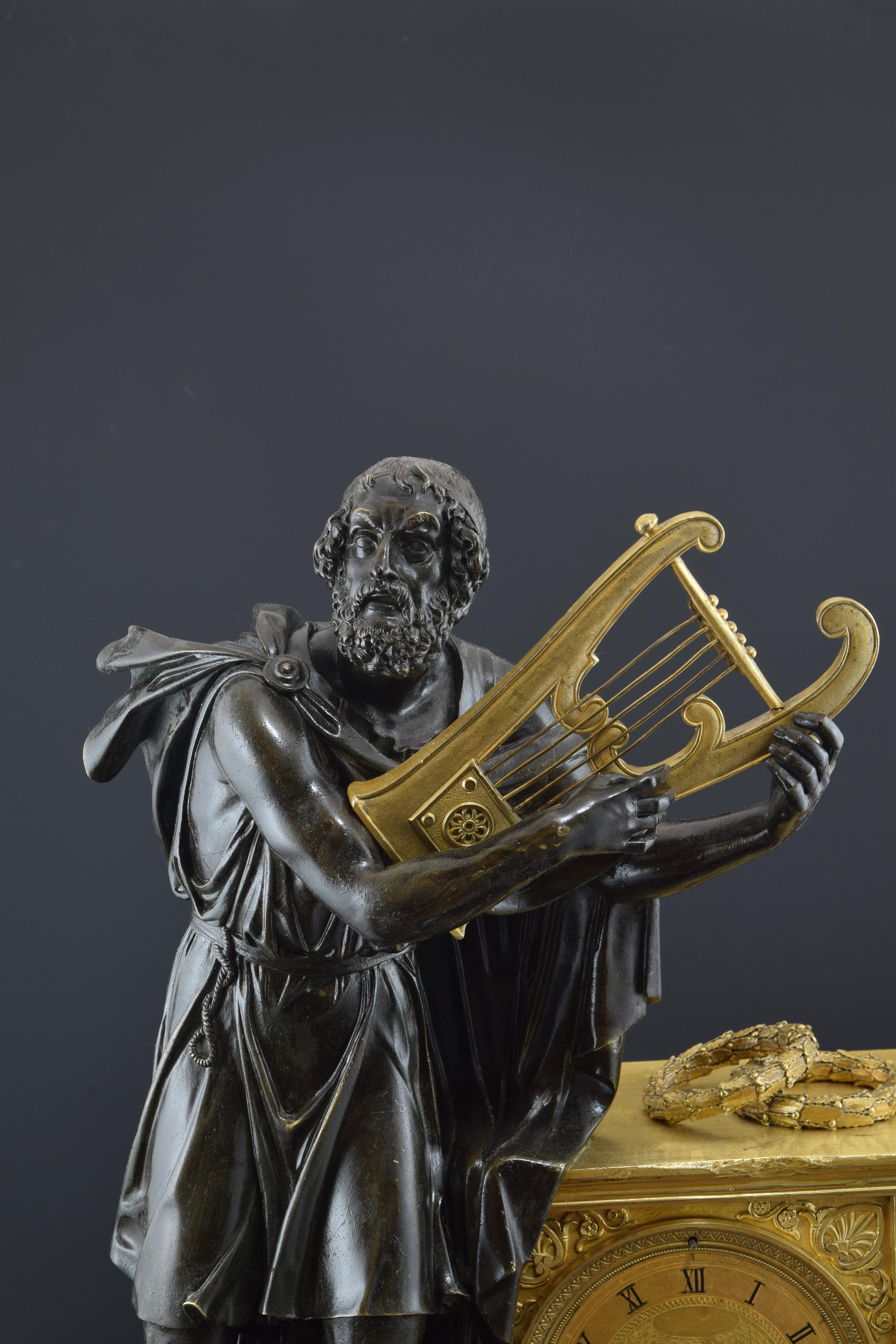 Neoclassical “Homer”, Bronze and Marble Mantel Clock, France, 19th Century