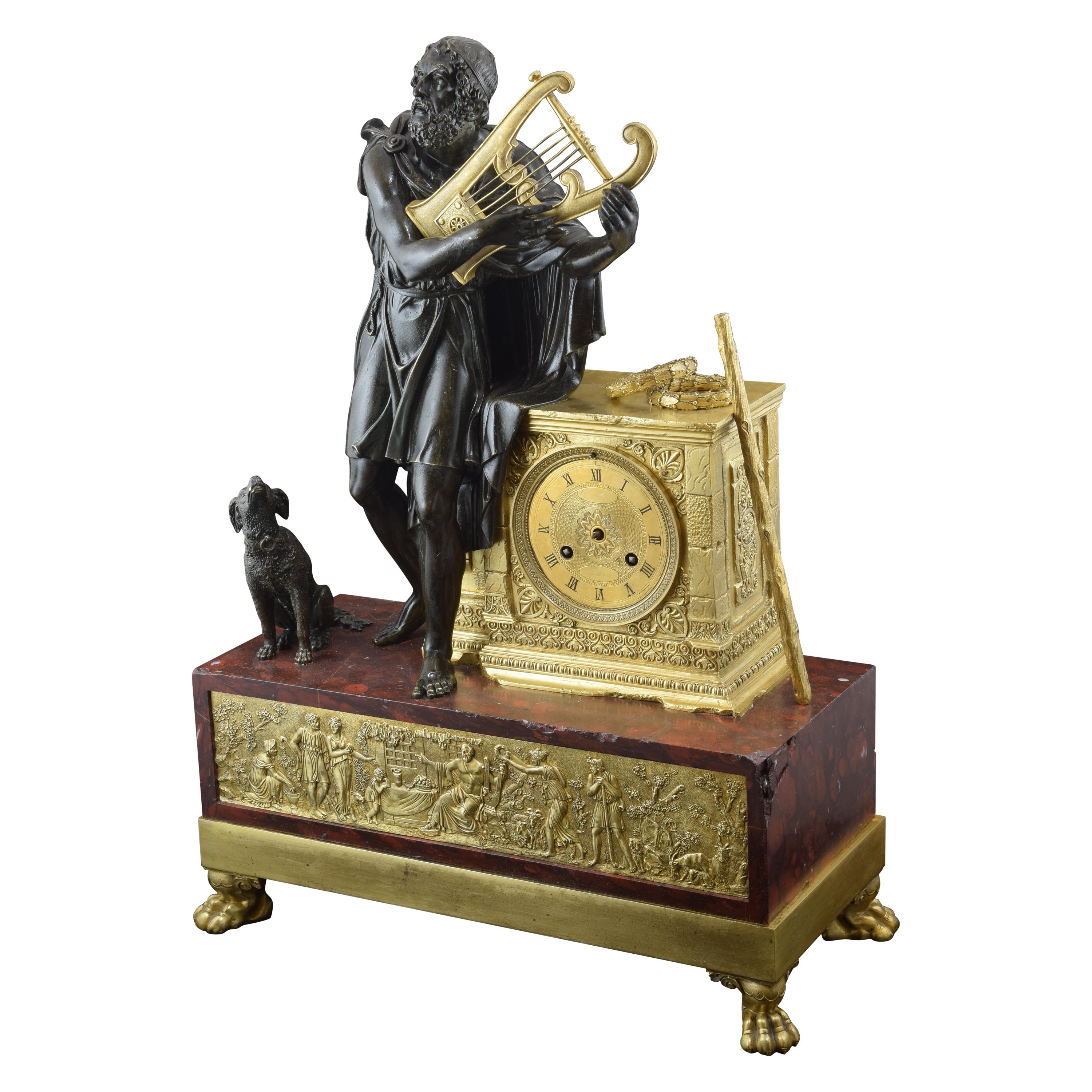 “Homer”, Bronze and Marble Mantel Clock, France, 19th Century