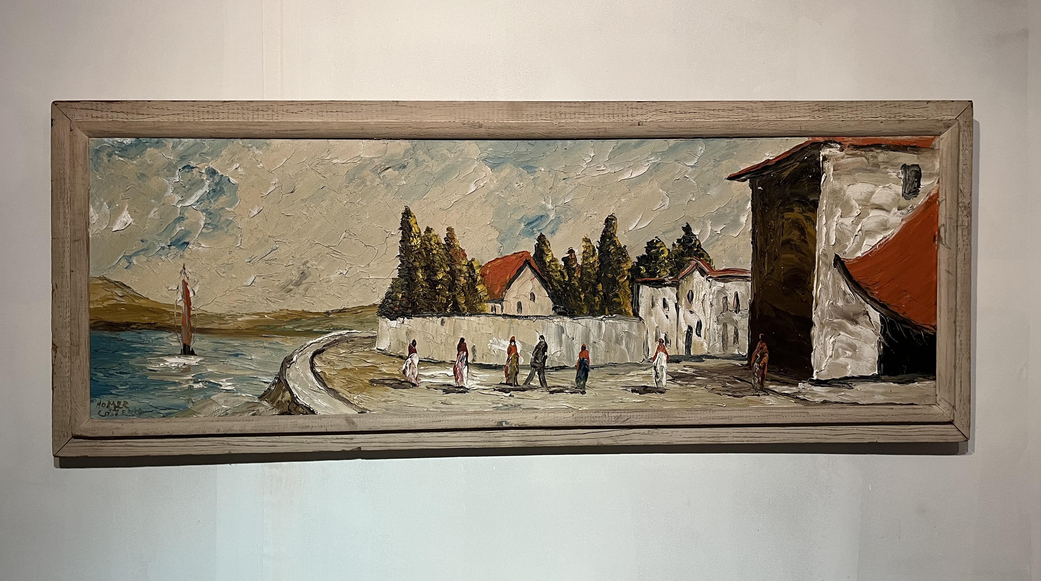 Homer Costello (1899-1977) American, Oil on Board. Depicted Ocean Front View, Period framed. Signed by the artist at the bottom left. 
Overall dimensions: with frame 52