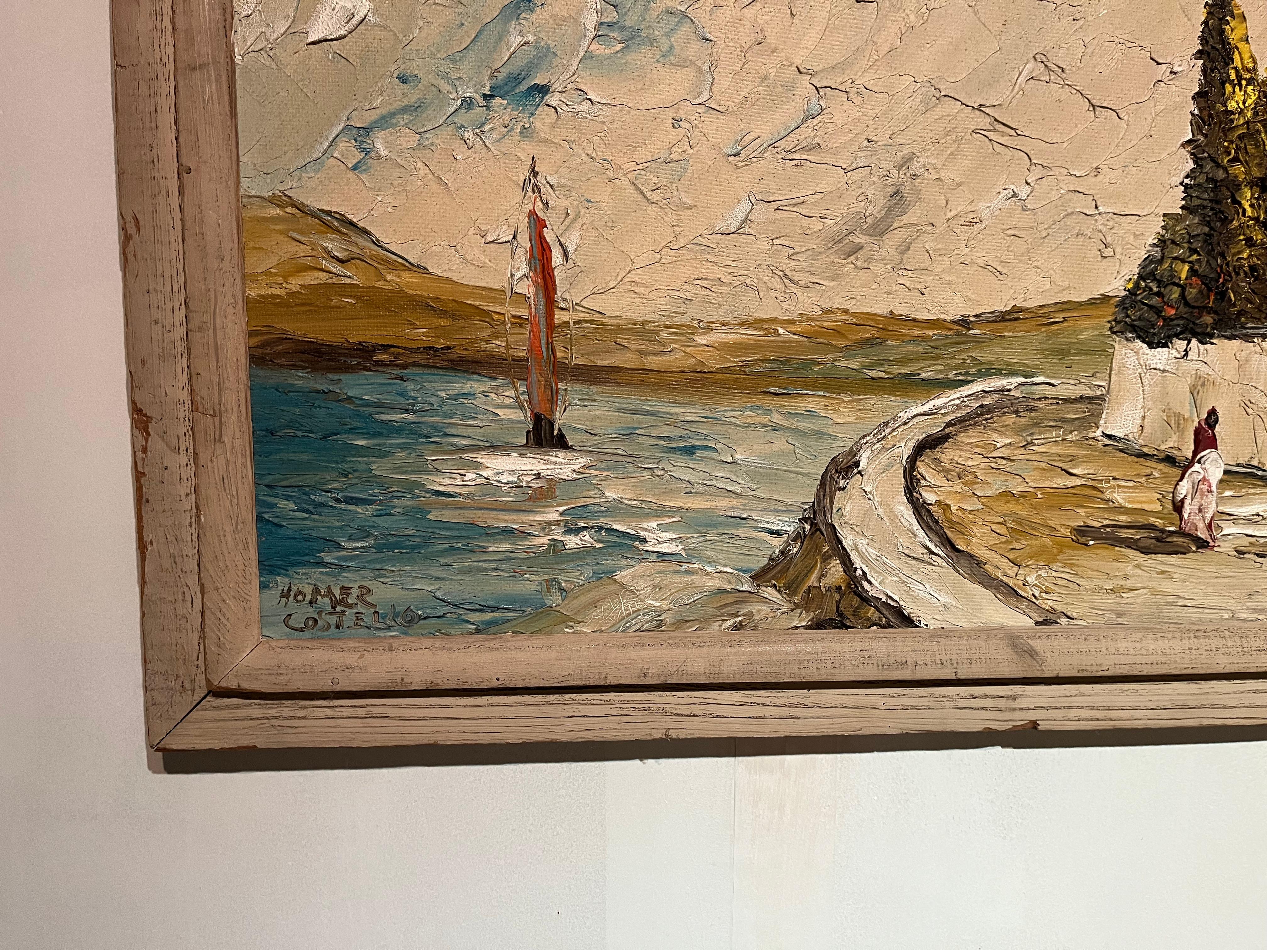 Wood Homer Costello Oil Painting of Panoramic View of Ocean Front For Sale