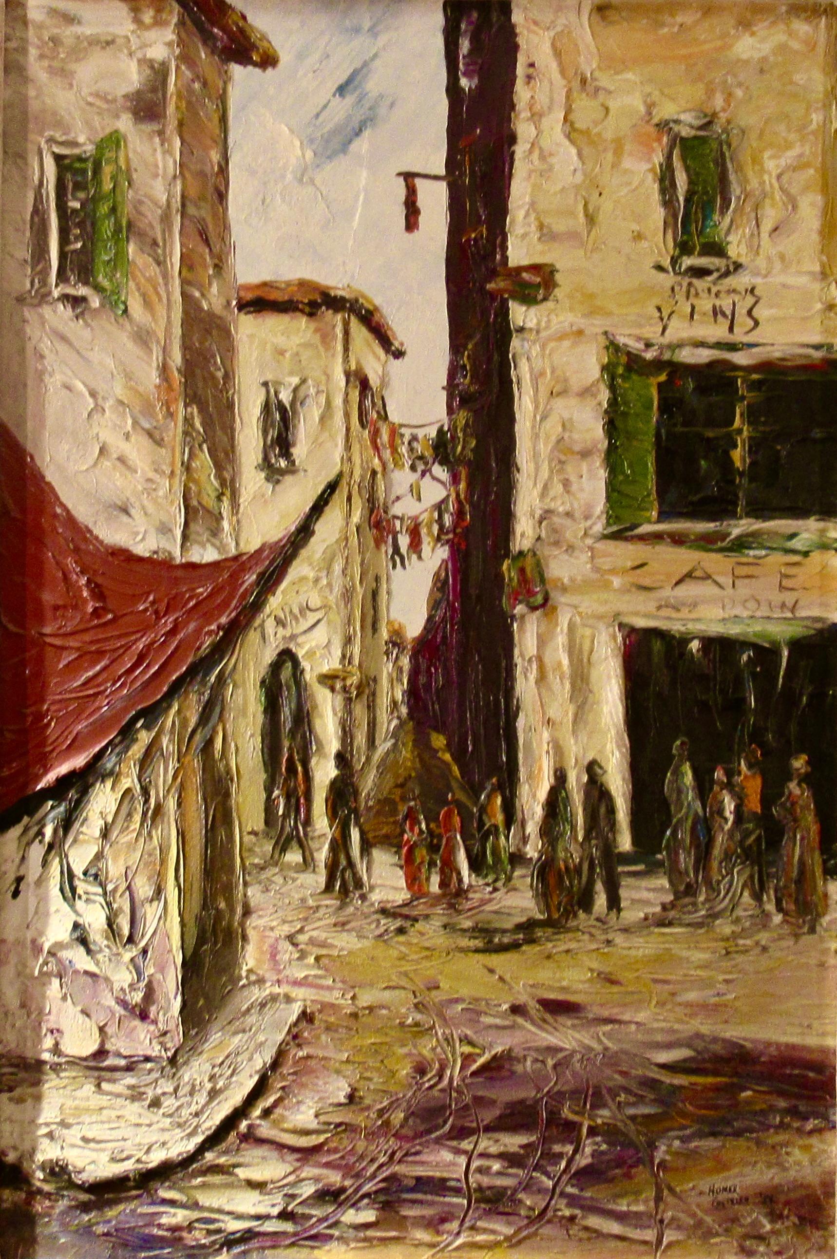 Animated Street in French Quarter, New Orleans - Painting by Homer Costello