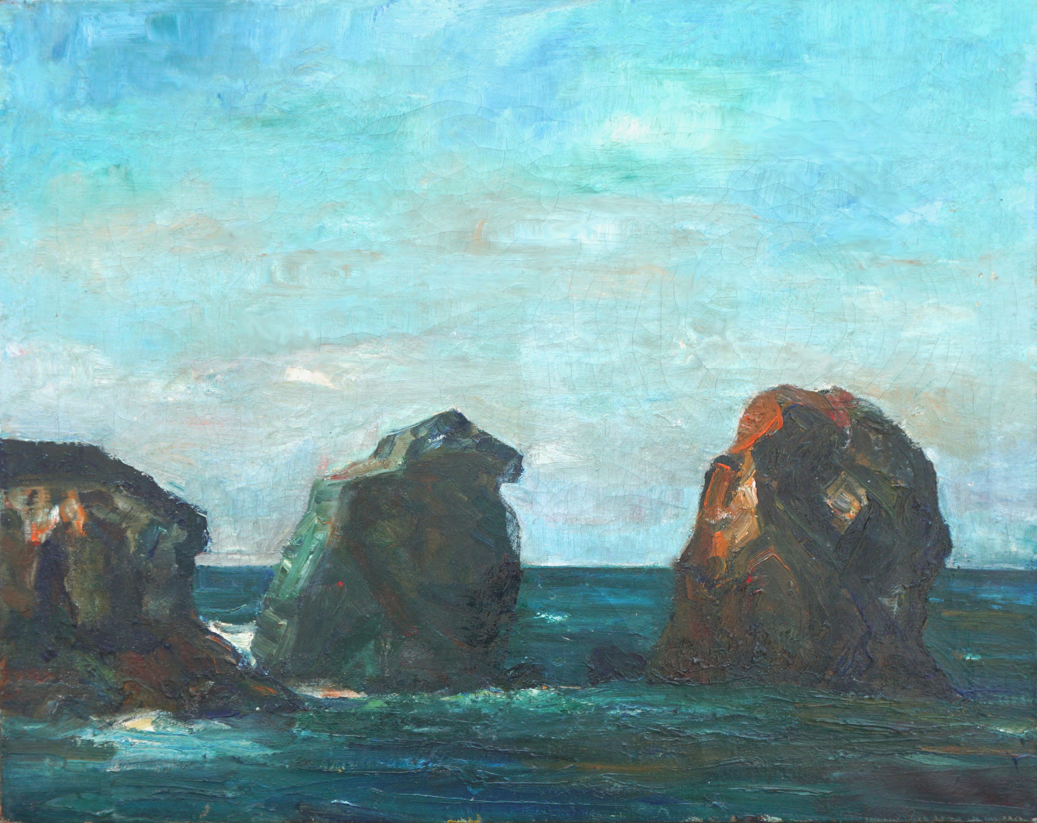 Sea Rocks - Mid Century Landscape Painting with Impasto, Circa 1940s, Signed
