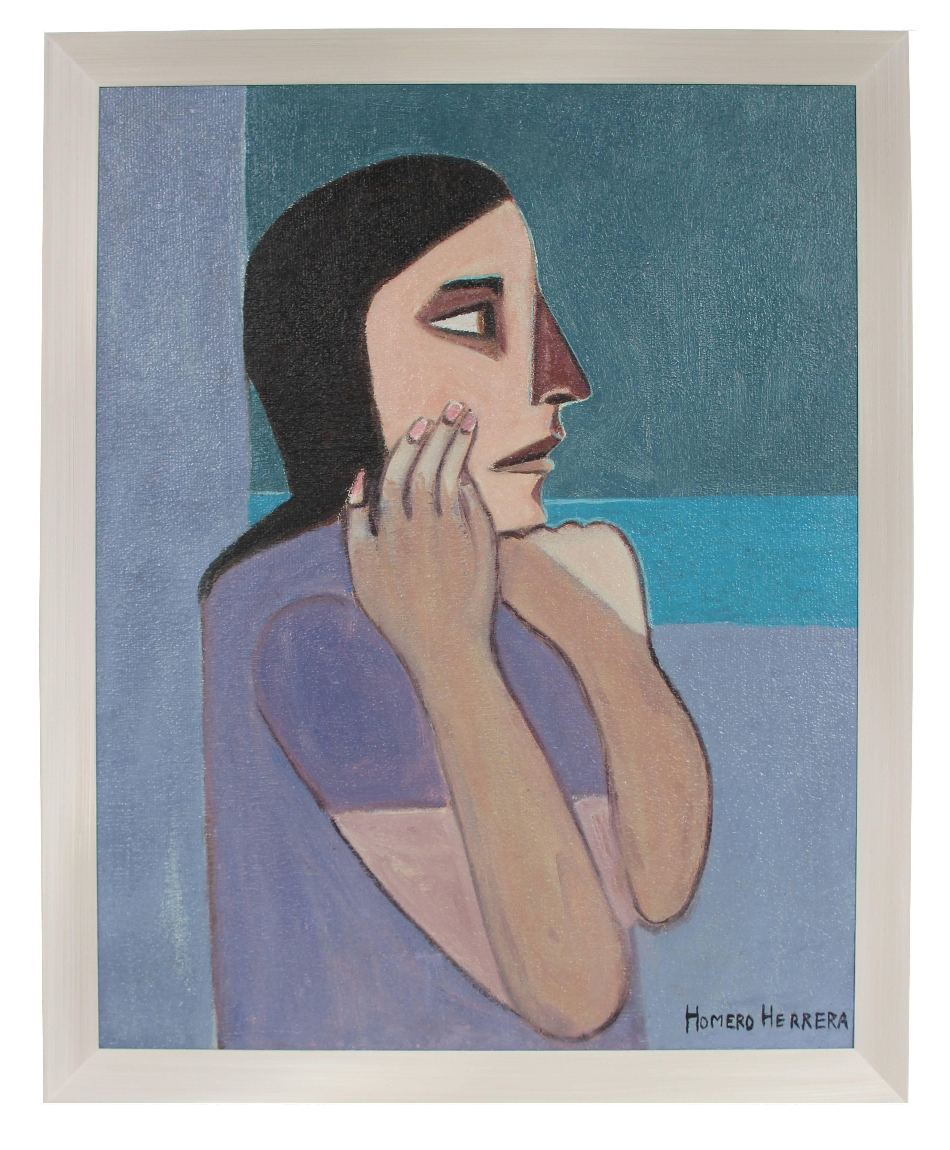 Homero Herrera Portrait Painting - Modernist Female Portrait, Mid Century Oil