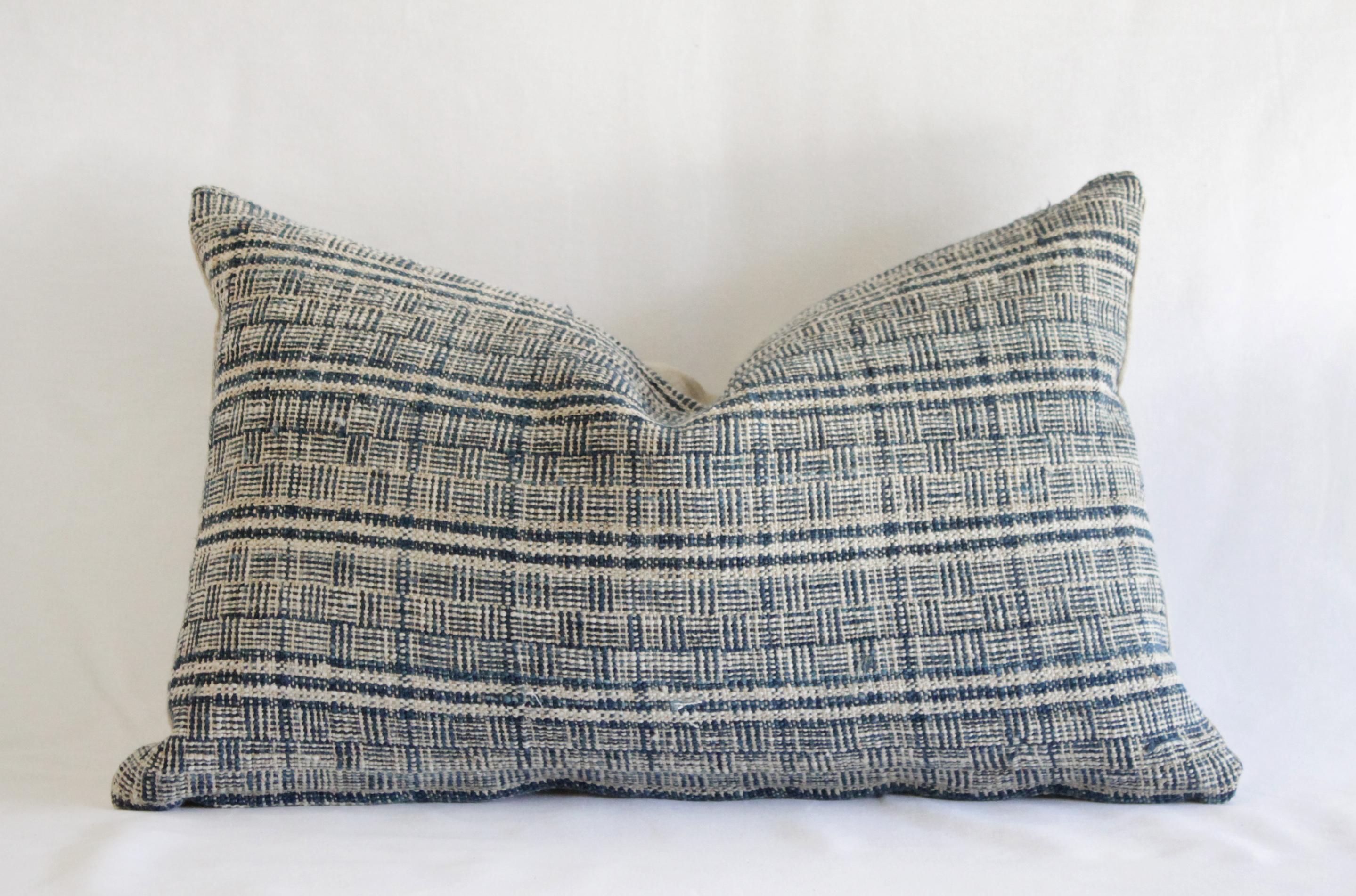 European Homespun Linen Lumbar Pillows Made from Vintage Indigo Stripe and Linen