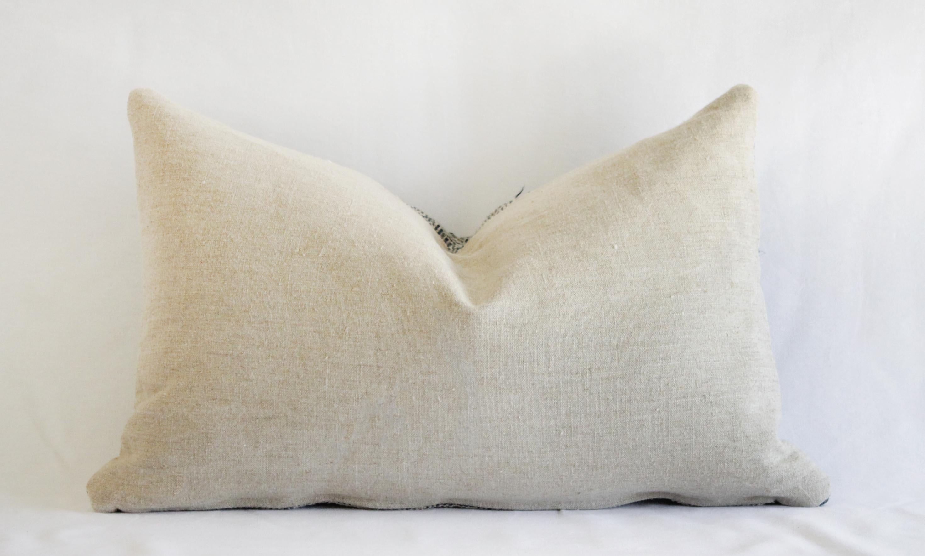 20th Century Homespun Linen Lumbar Pillows Made from Vintage Indigo Stripe and Linen