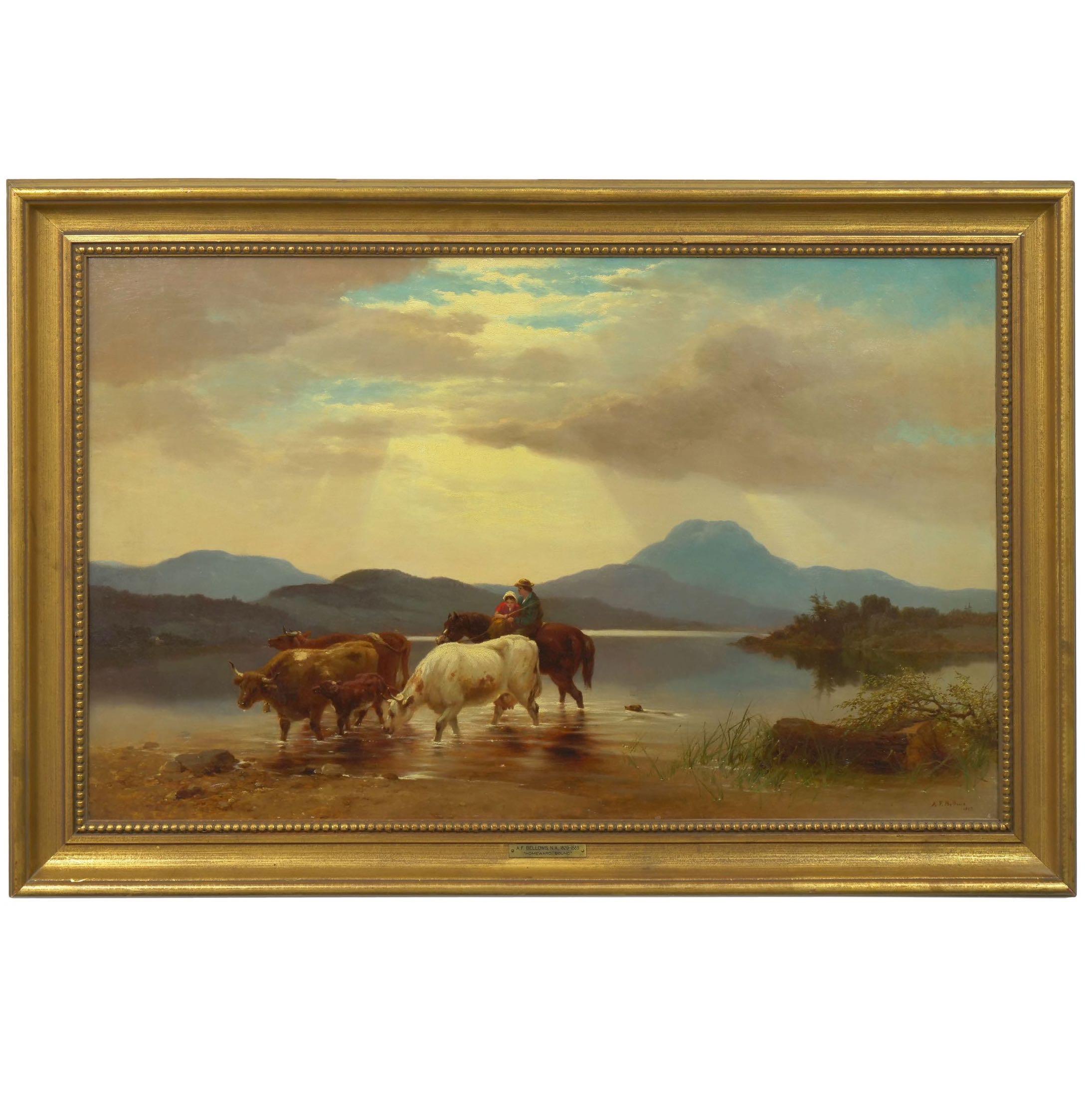 A bucolic scene rich with color, this landscape depicts a farmer with his young daughter crossing the waters behind their cattle. The water is nearly perfectly still and everything about the scene exudes a sense of peacefulness and quiet as the rays