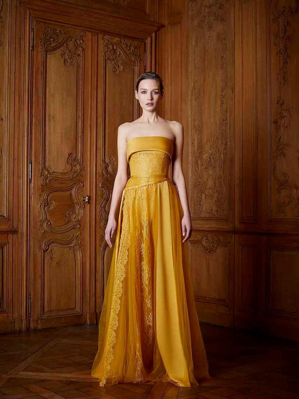 CONDITION is Never Worn With Tag. Minimal wear to dress is evident. Minimal wear to the fabric surface with a small tear in lace trim at the left side of waist on this used Honayda designer resale item.
 
 
 
 Details
 
 
 AW22
 
 Yellow
 
