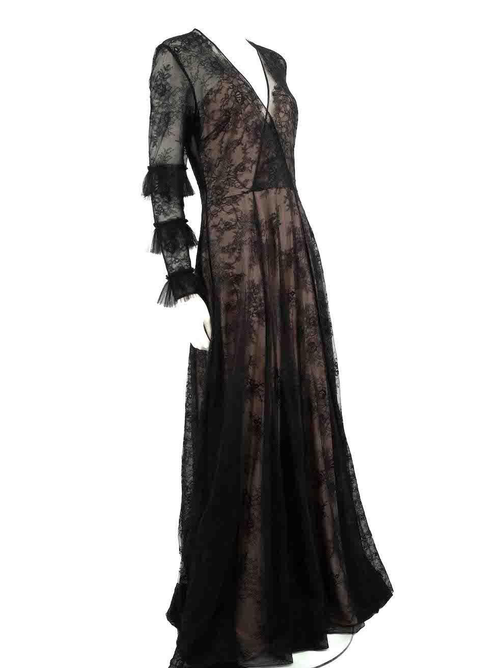 CONDITION is Never worn. No visible wear to dress is evident on this new Honayda designer resale item.
 
 
 
 Details
 
 
 Black
 
 Floral lace
 
 Gown
 
 Long sheer sleeves
 
 Ruffle detail
 
 V-neck
 
 Maxi
 
 Back zip and hook fastening
 
 
 
 
