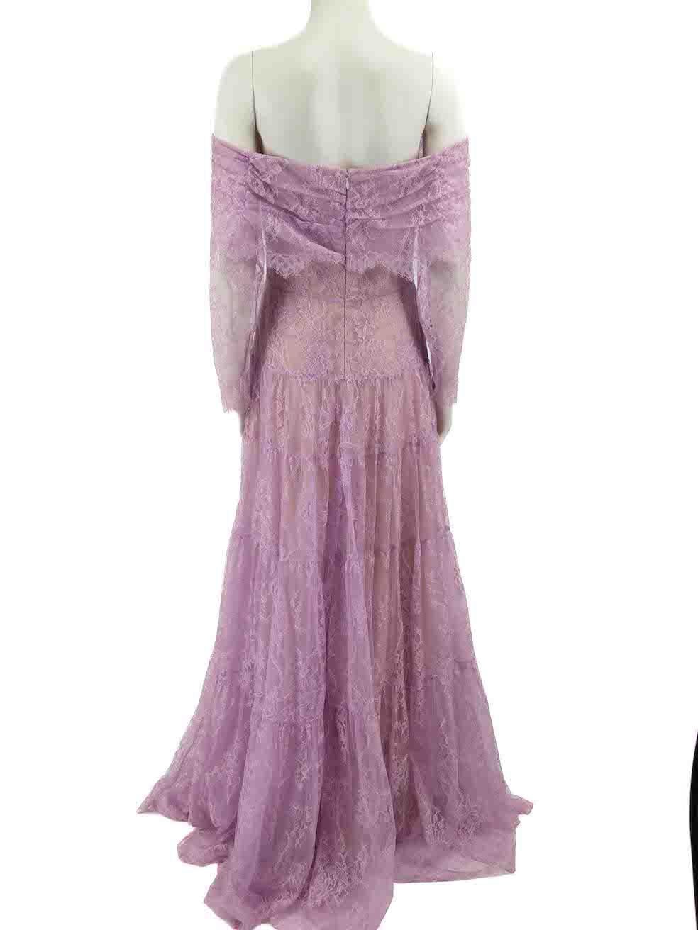 Honayda Purple Floral Lace Faux Pearl Gown Size XL In Good Condition For Sale In London, GB