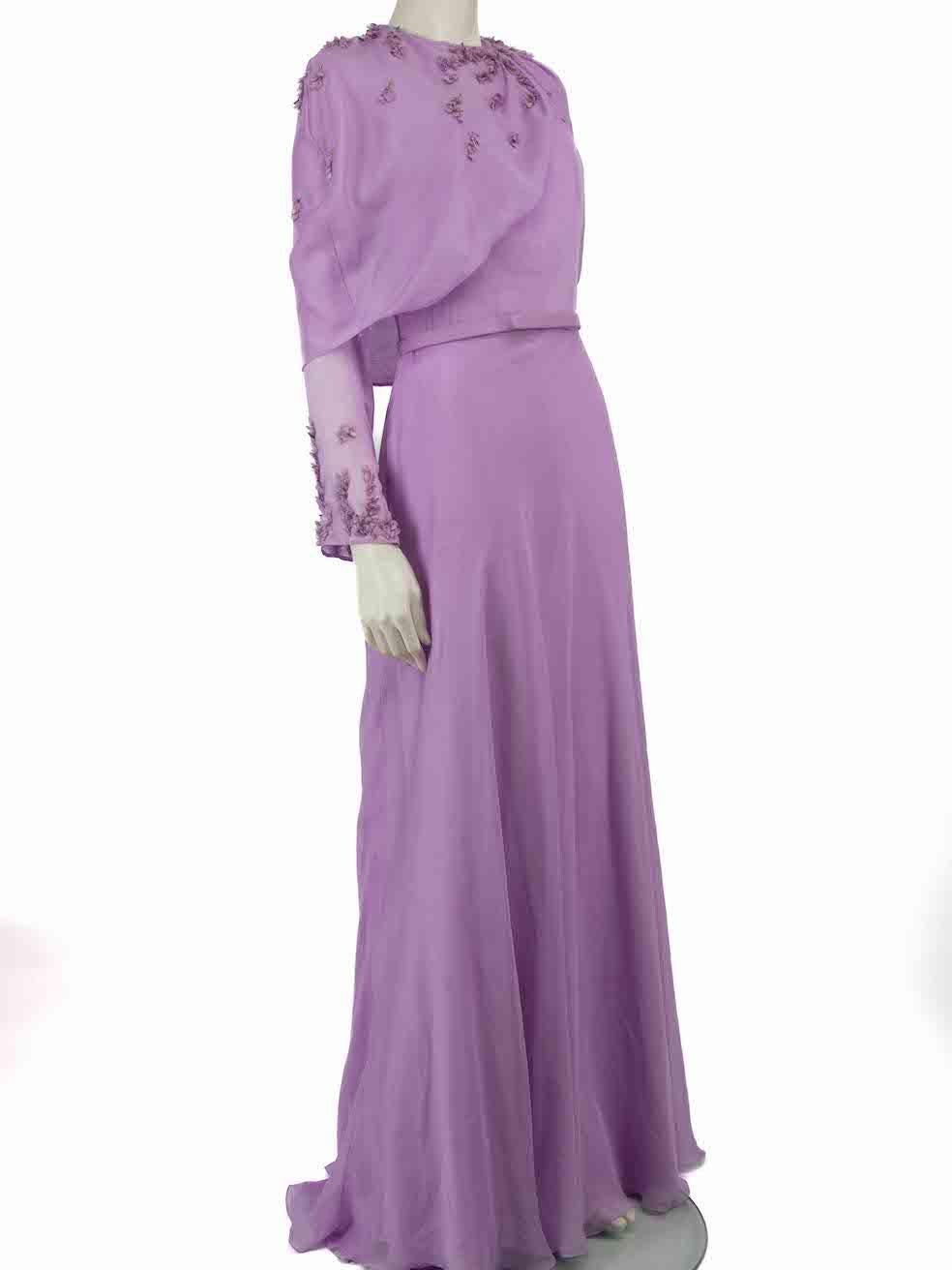 CONDITION is Very good. Hardly any visible wear to dress is evident on this used Honayda designer resale item.
 
 
 
 Details
 
 
 Purple
 
 Polyester chiffon
 
 Dress, belt and cape
 
 Floral embroidery
 
 Maxi dress
 
 Round neck
 
 Long sheer