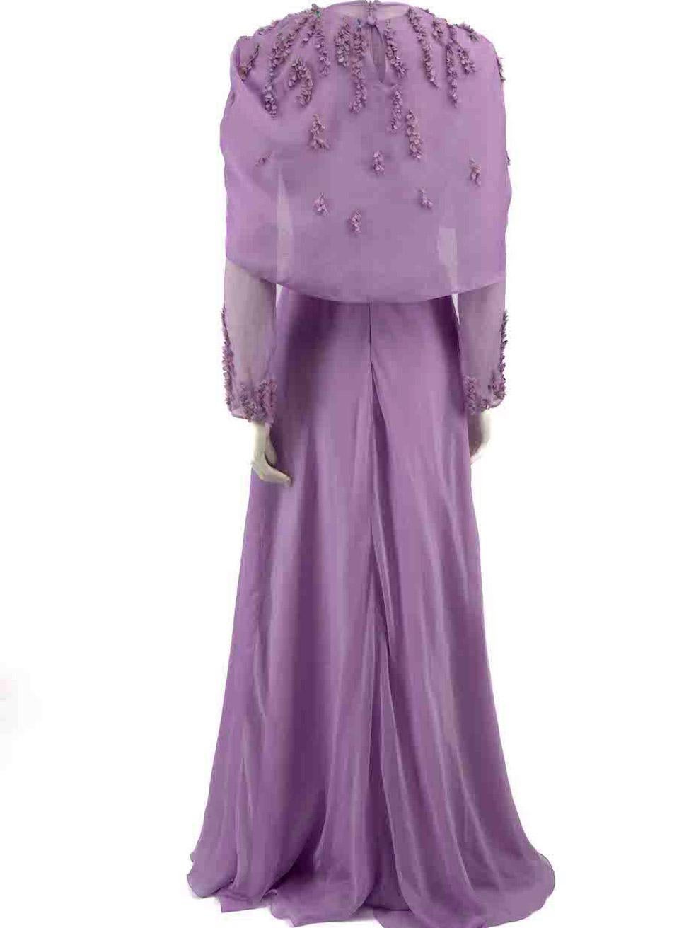 Honayda Purple Flower Embroidered Cape Maxi Dress Size M In Good Condition For Sale In London, GB