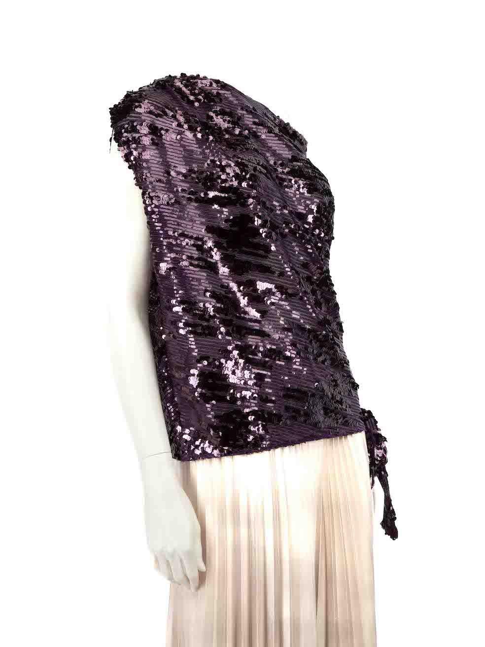 CONDITION is Very good. Hardly any visible wear to top is evident on this used Hondaya designer resale item.
 
 
 
 Details
 
 
 Purple
 
 Synthetic
 
 Top
 
 Sequinned
 
 Asymmetric sleeves
 
 Round neck
 
 
 
 
 
 Made in Lebanon
 
 
 

