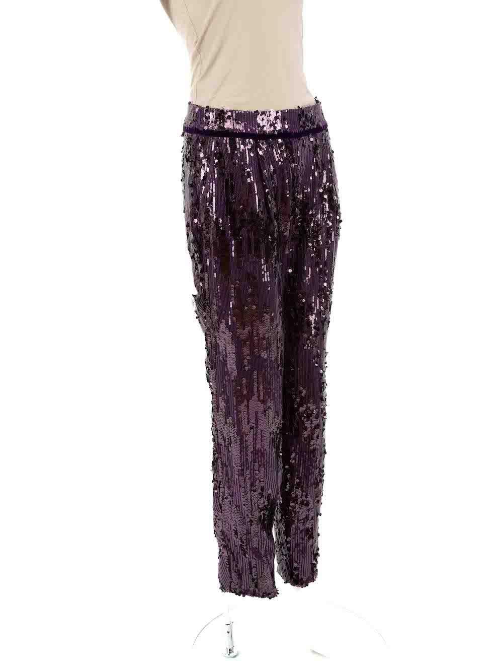 CONDITION is Very good. Minimal wear to trousers is evident. Minimal wear to hem and waistband where there are small holes and sequins missing on this used Honayda designer resale item.
 
 
 
 Details
 
 
 Purple
 
 Synthetic
 
 Trousers
 
