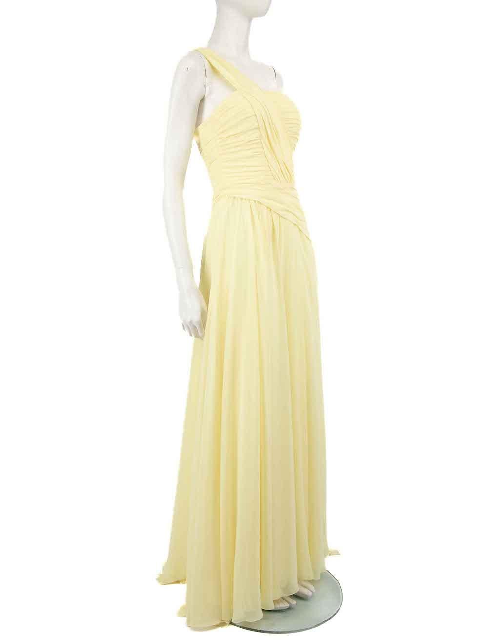CONDITION is Very good. Minimal wear to dress is evident. The chiffon asymmetric detail is loose below the waist area and pulled threads can be seen on the waist on this used Honayda designer resale item.
 
 
 
 Details
 
 
 Yellow
 
 Polyester