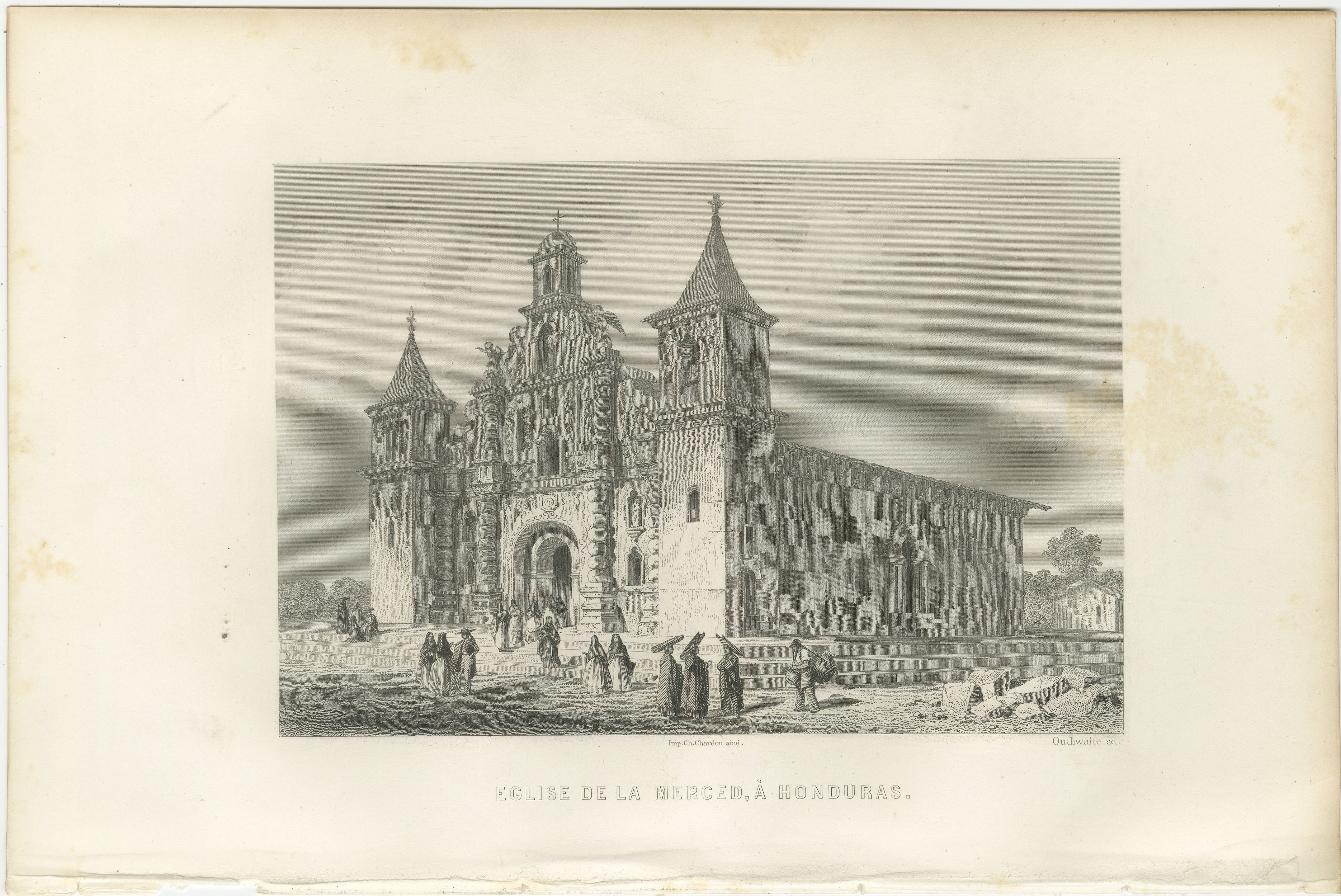 Kirche La Merced in Honduras - Antiker Stich von Énault, 1867

Dieser schöne Stich aus dem 19. Jahrhundert zeigt die historische Kirche La Merced in Honduras, wie sie in Louis Énaults L'Amérique centrale et méridionale (Paris, 1867) veröffentlicht