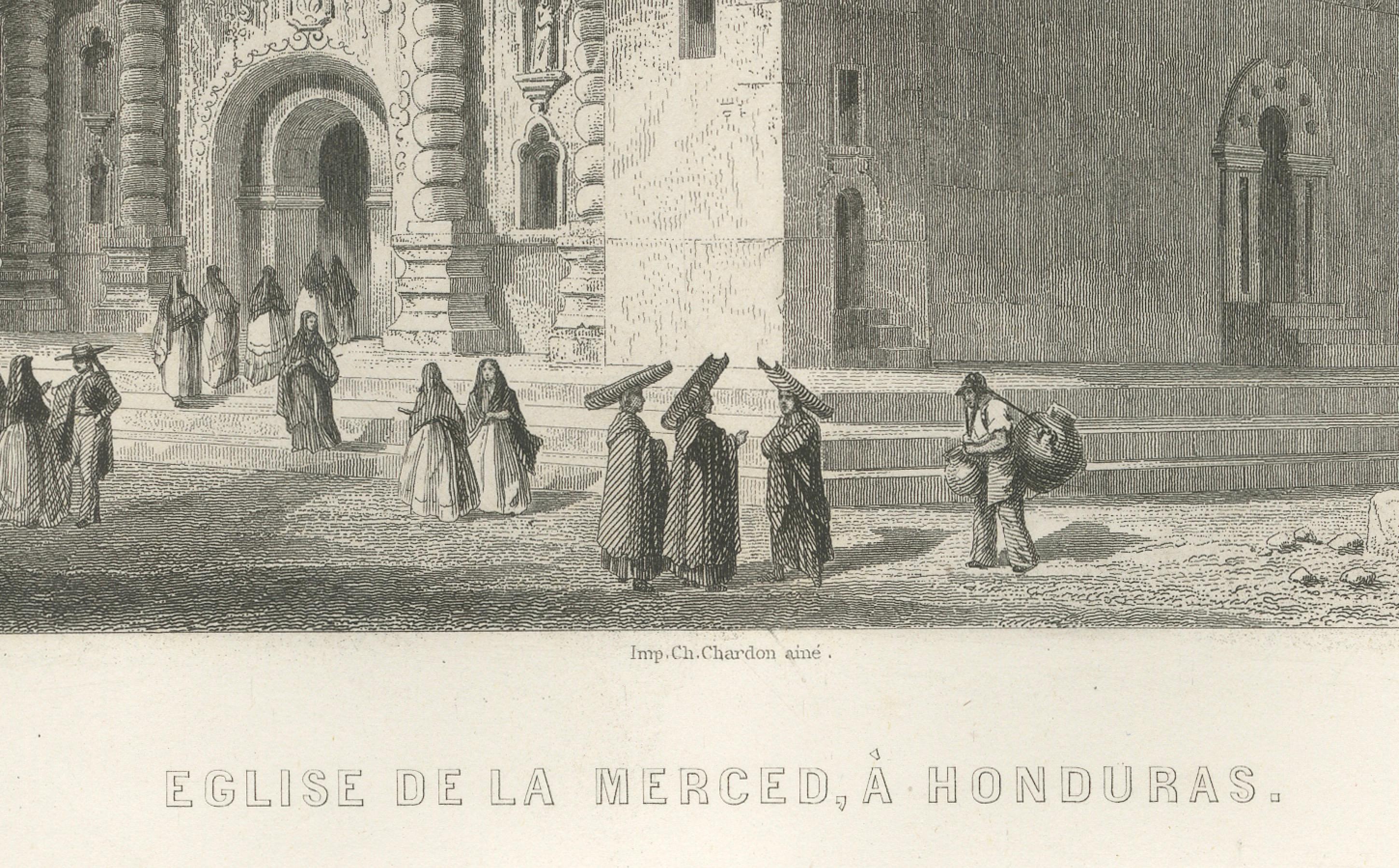 Honduras Kolonialkirche La Merced - Architekturstich aus dem 19. Jahrhundert, 1867 im Zustand „Gut“ im Angebot in Langweer, NL