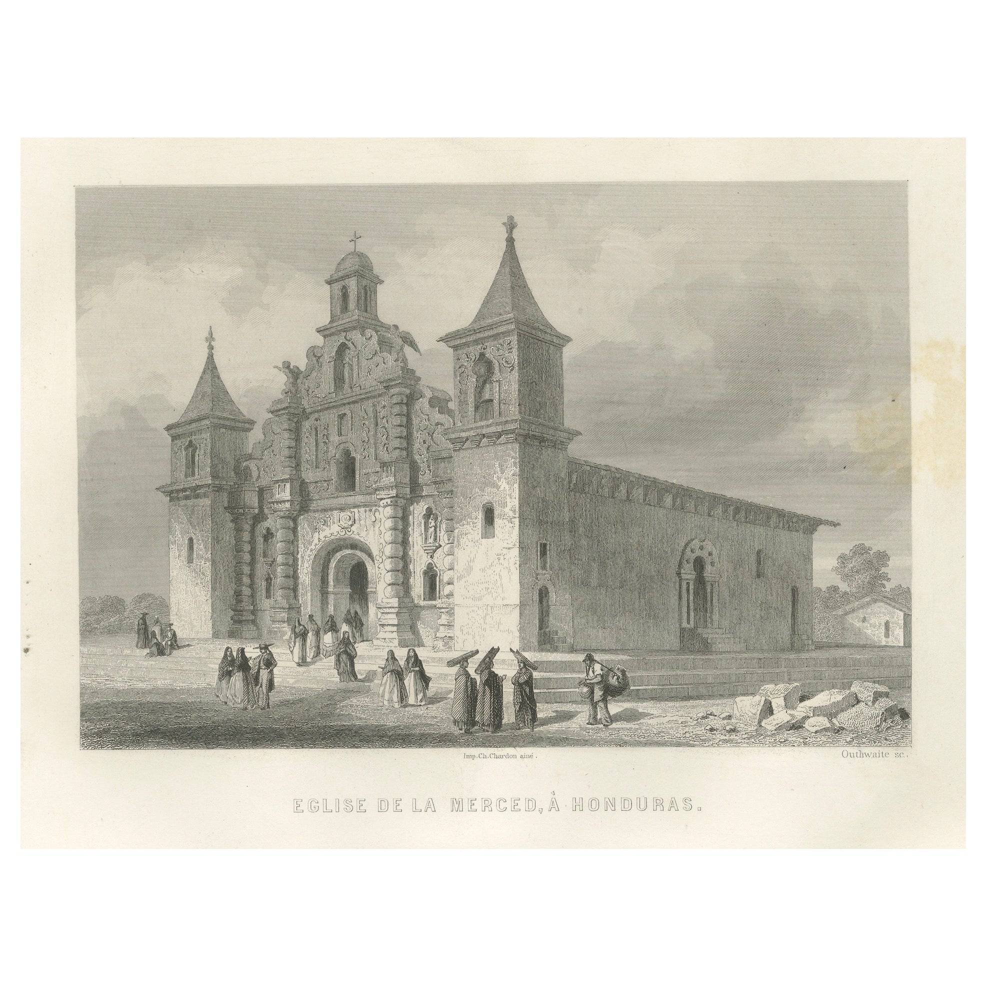 Honduras Kolonialkirche La Merced - Architekturstich aus dem 19. Jahrhundert, 1867 im Angebot