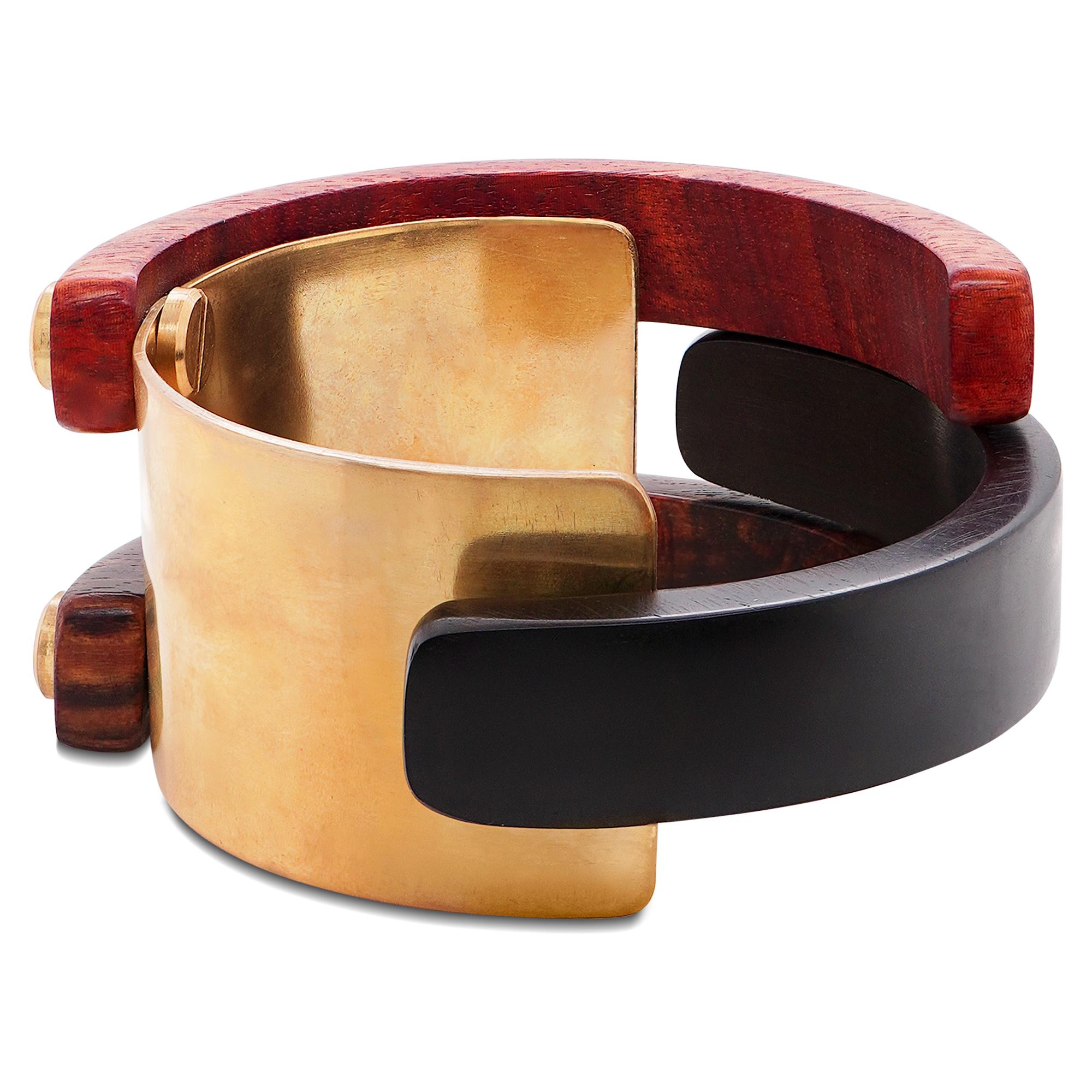 Brazalete de palo rosa de Honduras y palo rosa africano Brazalete grueso de plata 925 Art Nouveau en venta