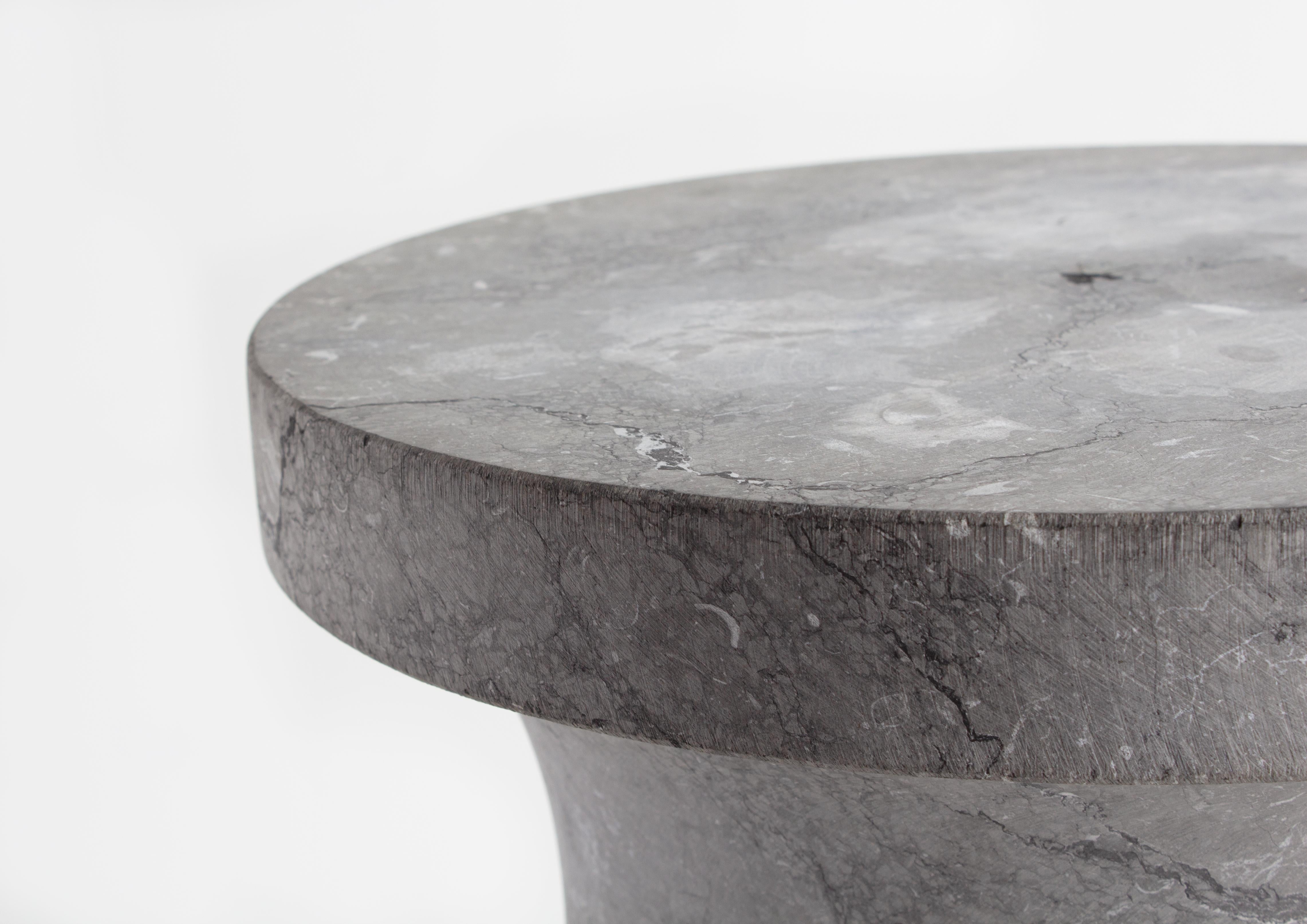 Honed Nero Marquina Marble End Table, Counter Stool In Excellent Condition In Dallas, TX