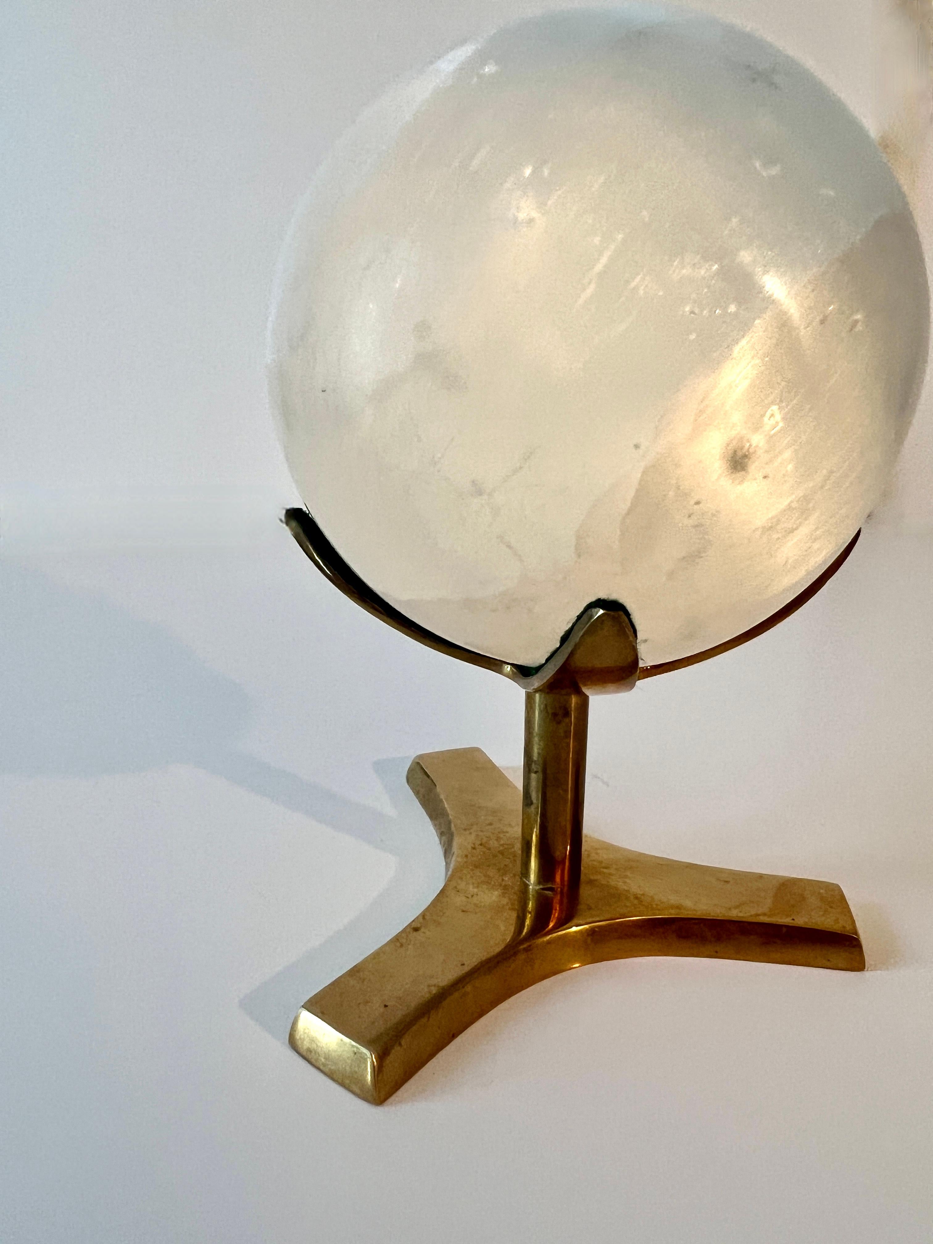 Organic Modern Honed Round Ulexite Crystal Sphere Paperweight  Mounted on Brass Stand
