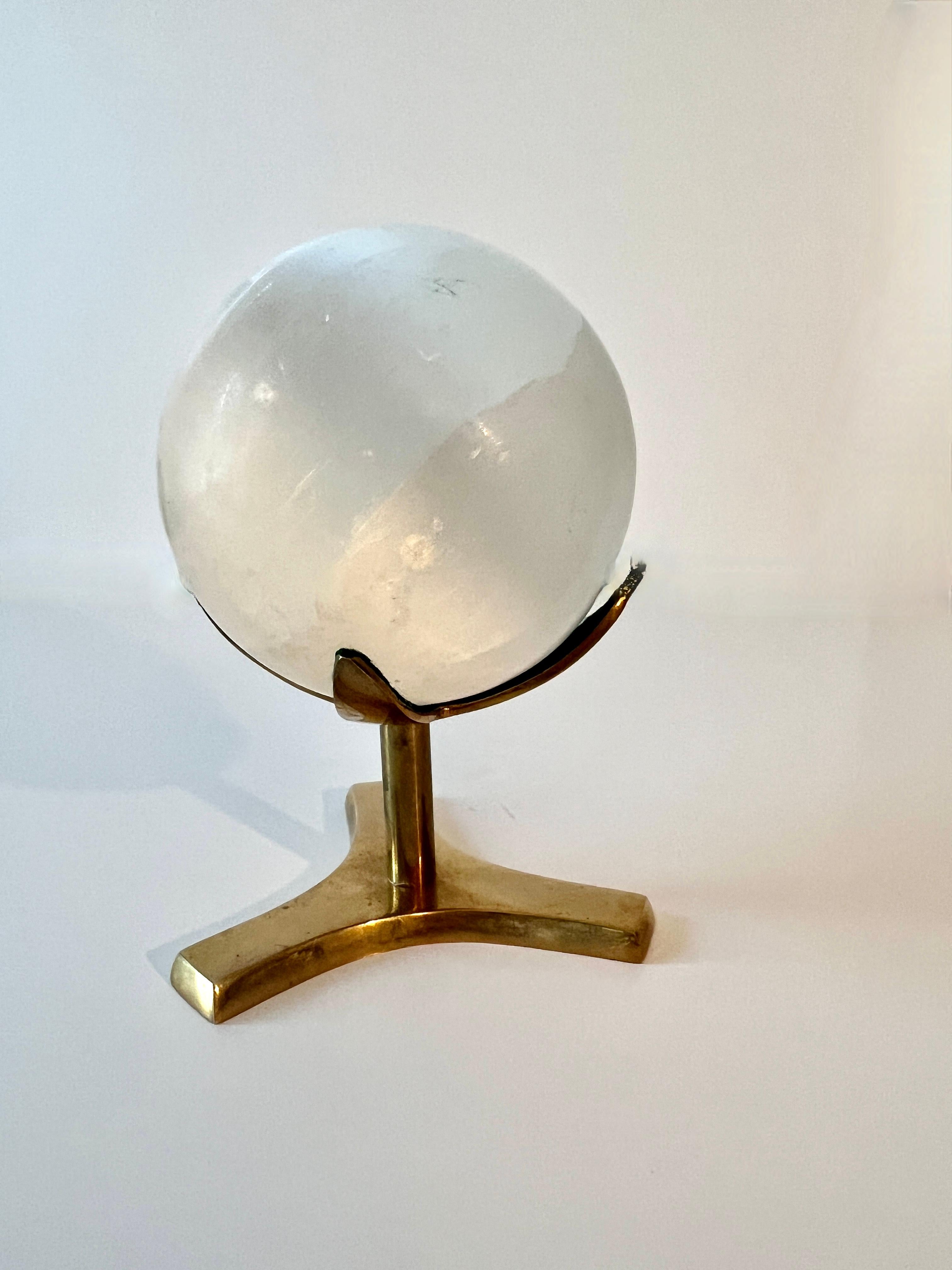 Honed Round Ulexite Crystal Sphere Paperweight  Mounted on Brass Stand In Good Condition In Los Angeles, CA