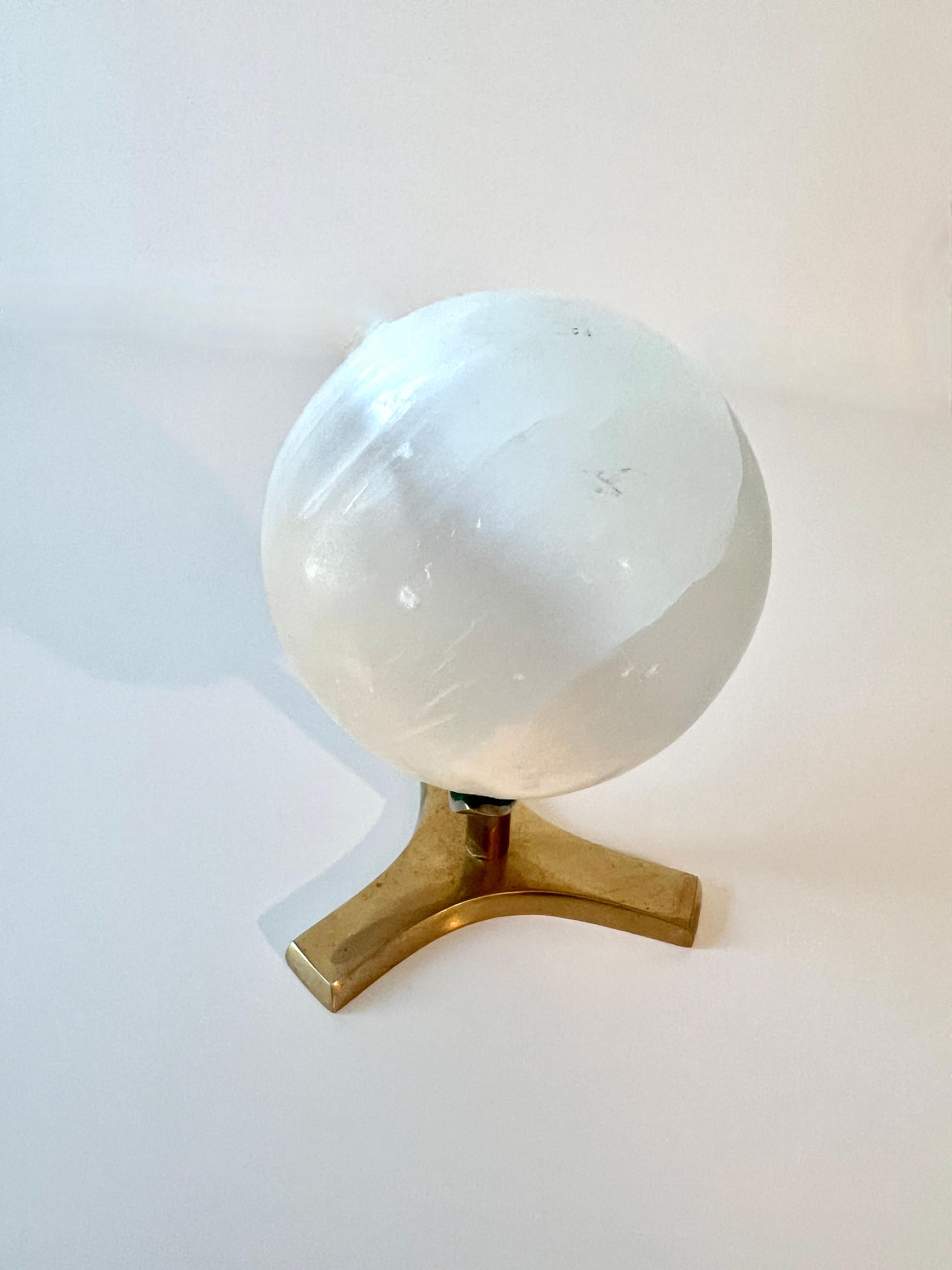20th Century Honed Round Ulexite Crystal Sphere Paperweight  Mounted on Brass Stand