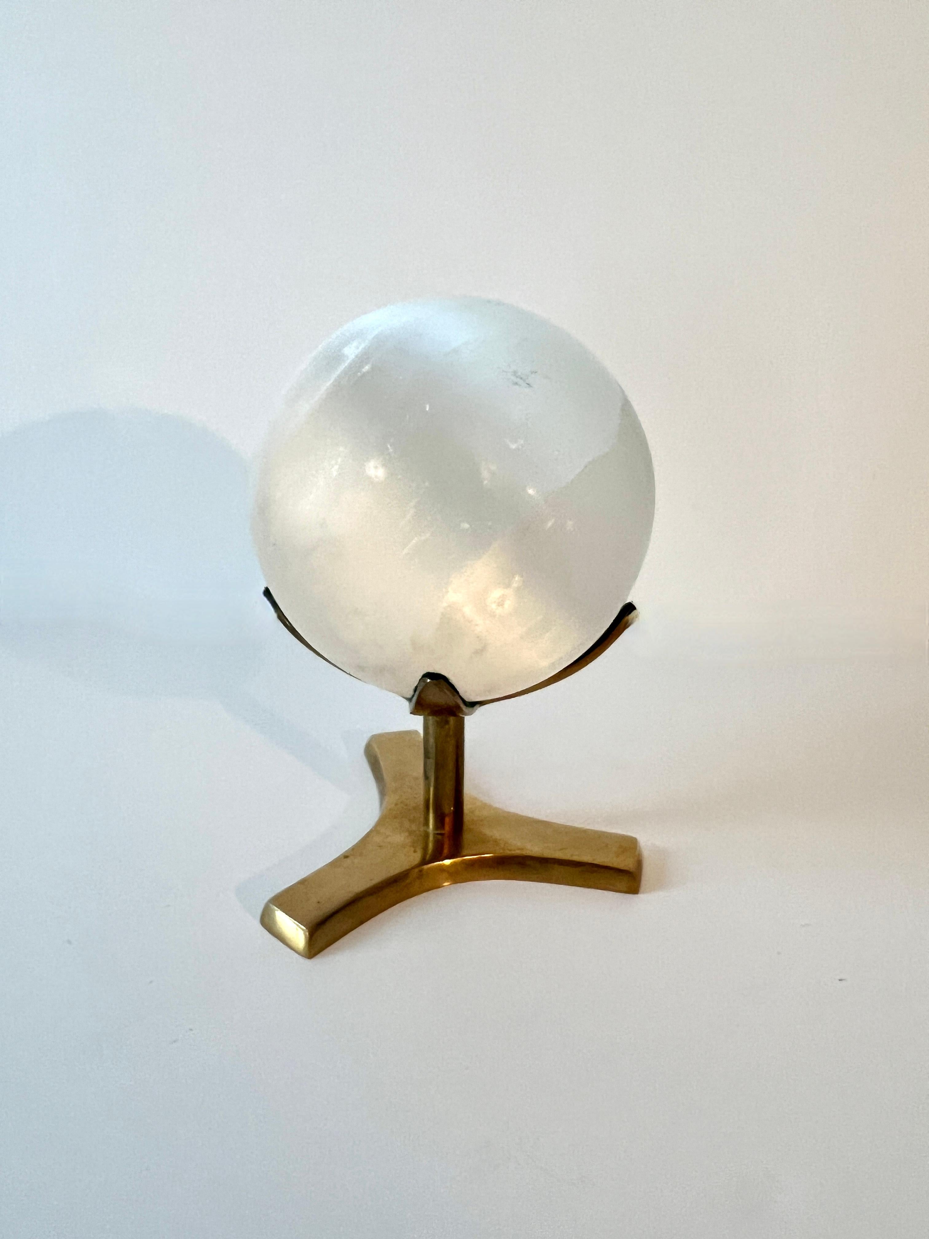 Honed Round Ulexite Crystal Sphere Paperweight  Mounted on Brass Stand 1