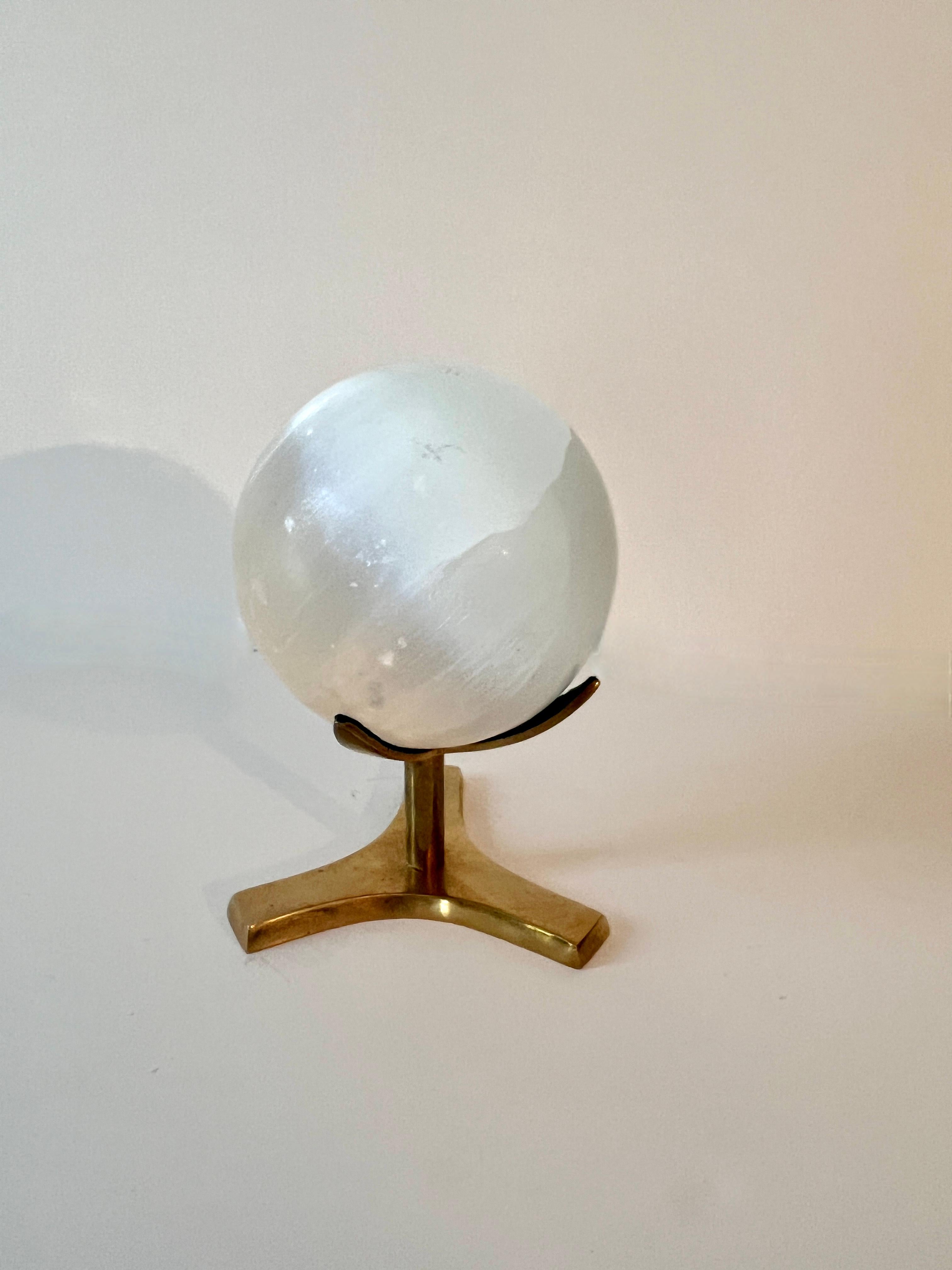 Honed Round Ulexite Crystal Sphere Paperweight  Mounted on Brass Stand 2