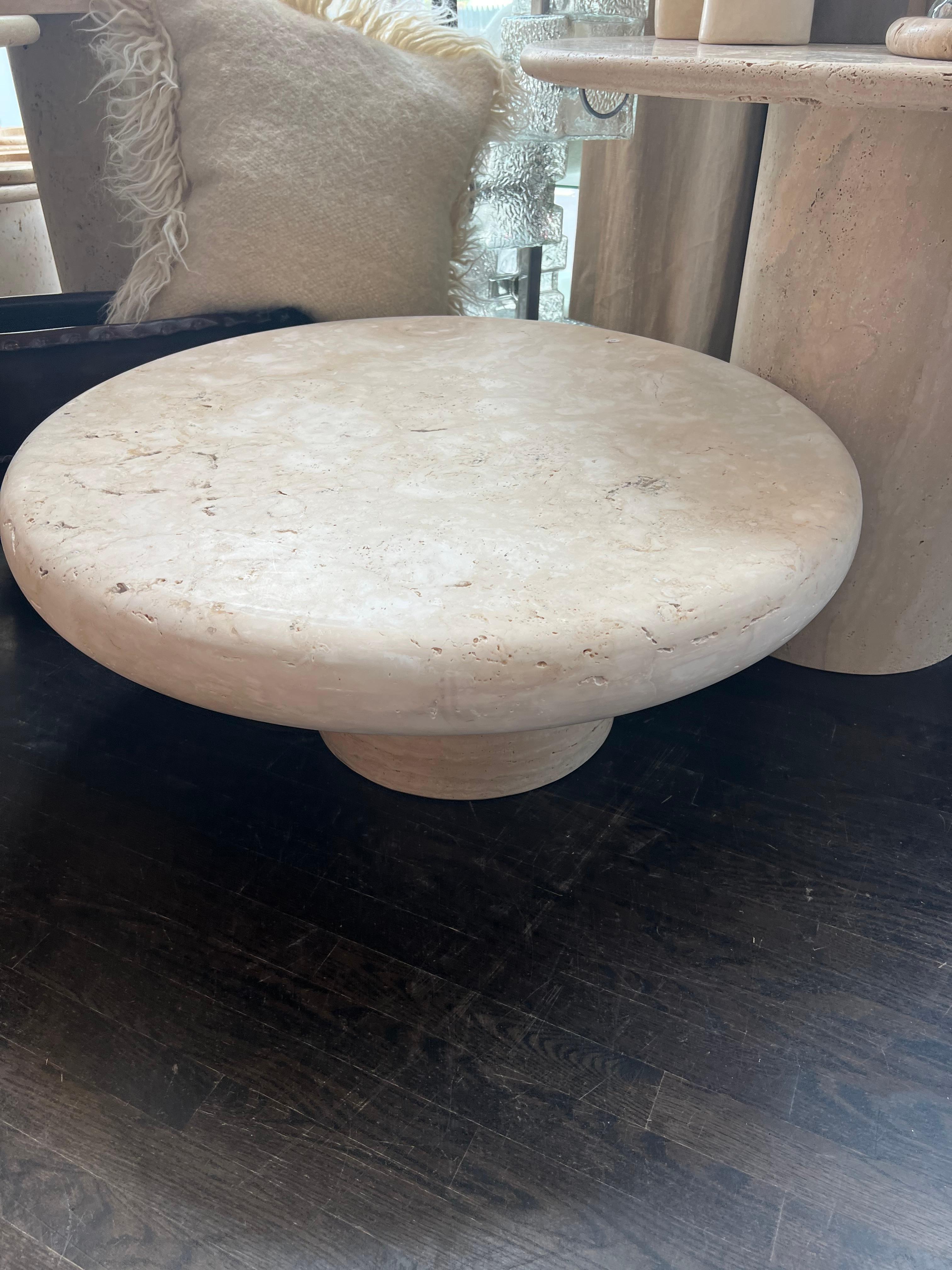 Mid-Century Modern Honed  Travertine  35'' Round Coffee Table by Le Lampade For Sale