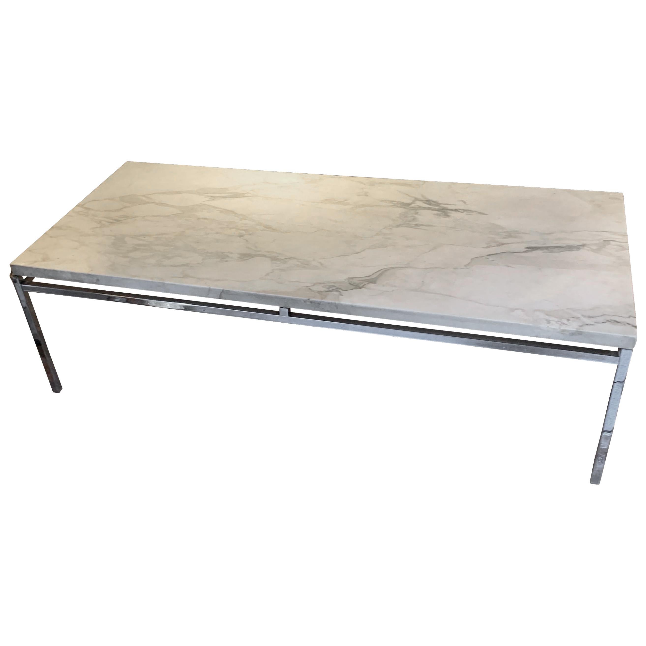 Honed White Marble-Top, Nickel Base Coffee Table, France, Midcentury For Sale