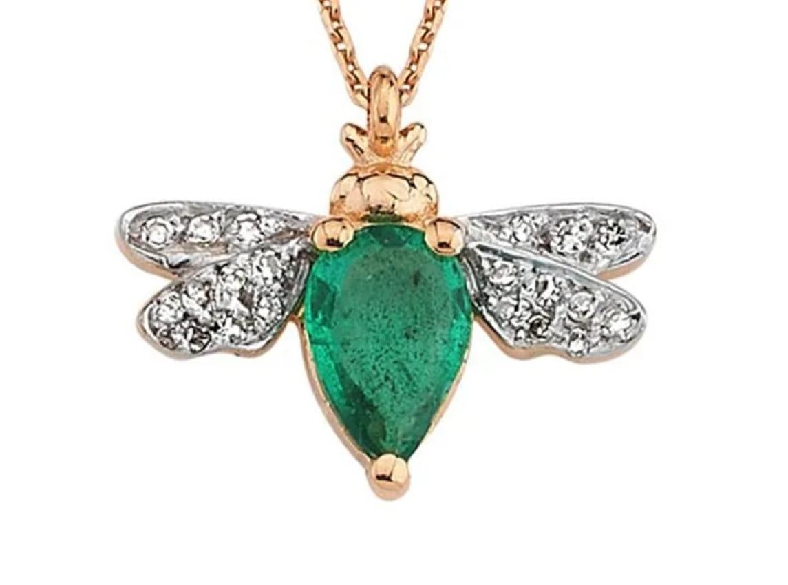 Pear Cut Honey Bee Gold Emerald and Diamond Pendant For Sale