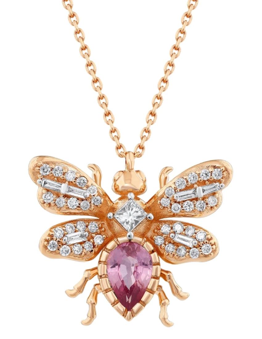 Pear Cut Honey Bee Pink Sapphire Pendant Necklace For Sale