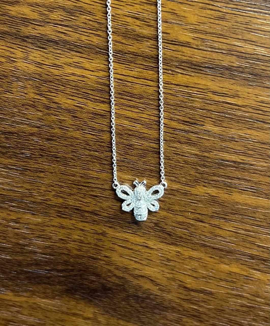Women's Honey Bee Symbol Diamonds Halo Motif 18K Karat White Gold Pendant Chain Necklace For Sale