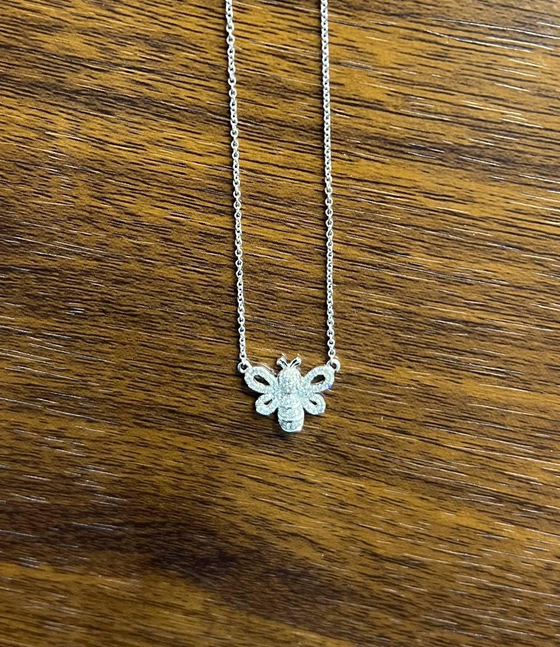 Honey Bee Symbol Diamonds Halo Motif 18K Karat White Gold Pendant Chain Necklace For Sale 1