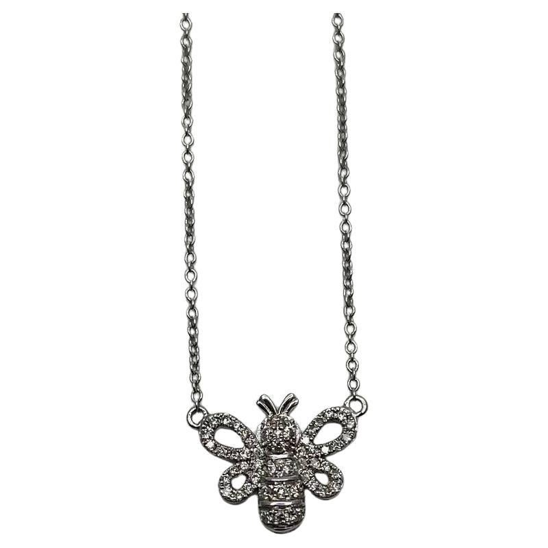 Honey Bee Symbol Diamonds Halo Motif 18K Karat White Gold Pendant Chain Necklace For Sale