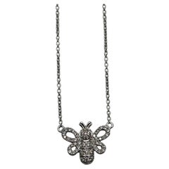 Honey Bee Symbol Diamonds Halo Motif 18K Karat White Gold Pendant Chain Necklace