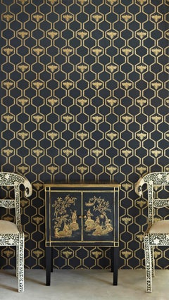 'Honey Bees' Contemporary, Traditional Wallpaper in Gold on Charcoal