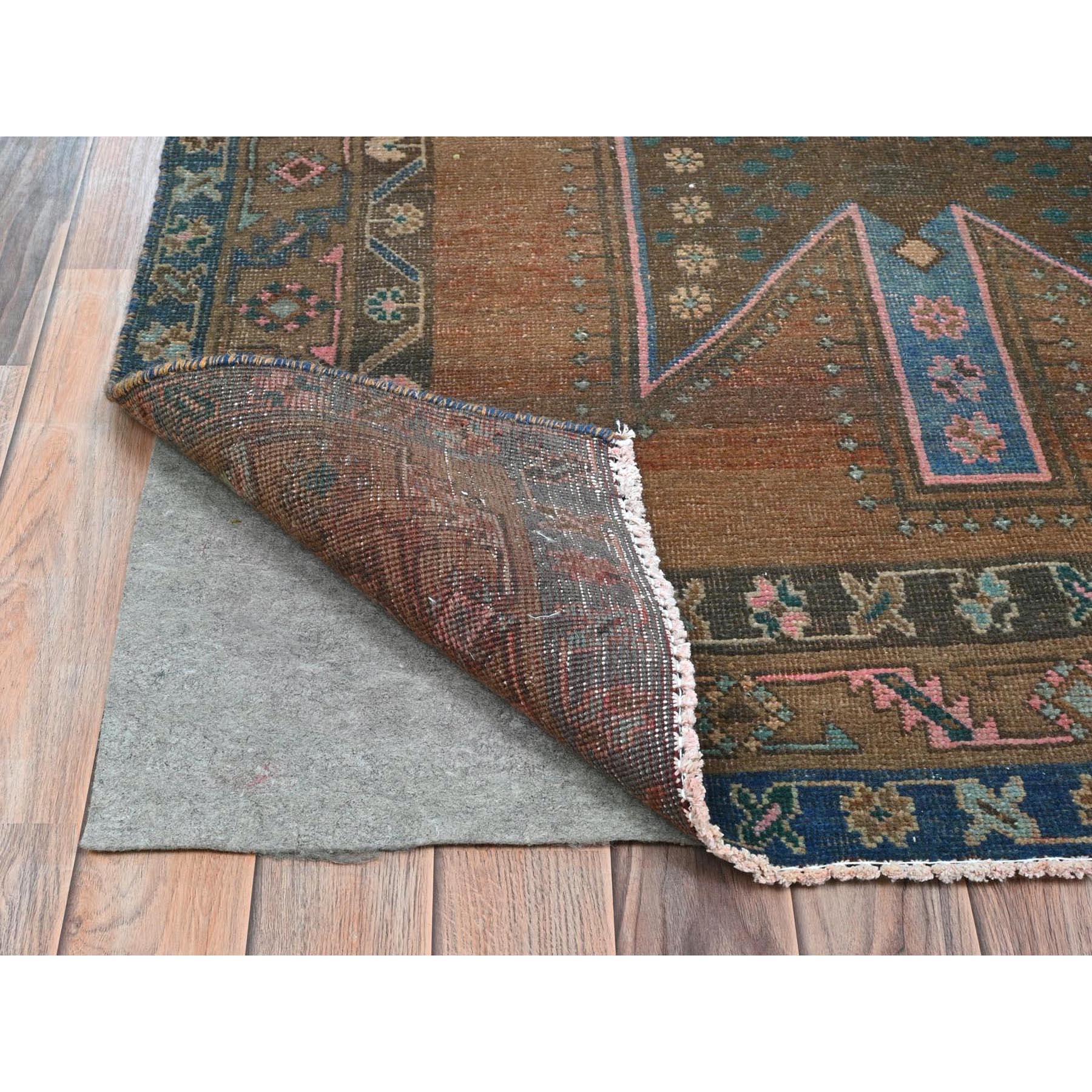 Medieval Honey Brown Bohemian Vintage Persian Mazlaghan Abrash Pure Wool Hand Knotted Rug For Sale