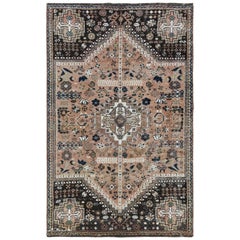 Honey Brown Semi Antique Persian Shiraz Sheared Low Hand Knotted Rug