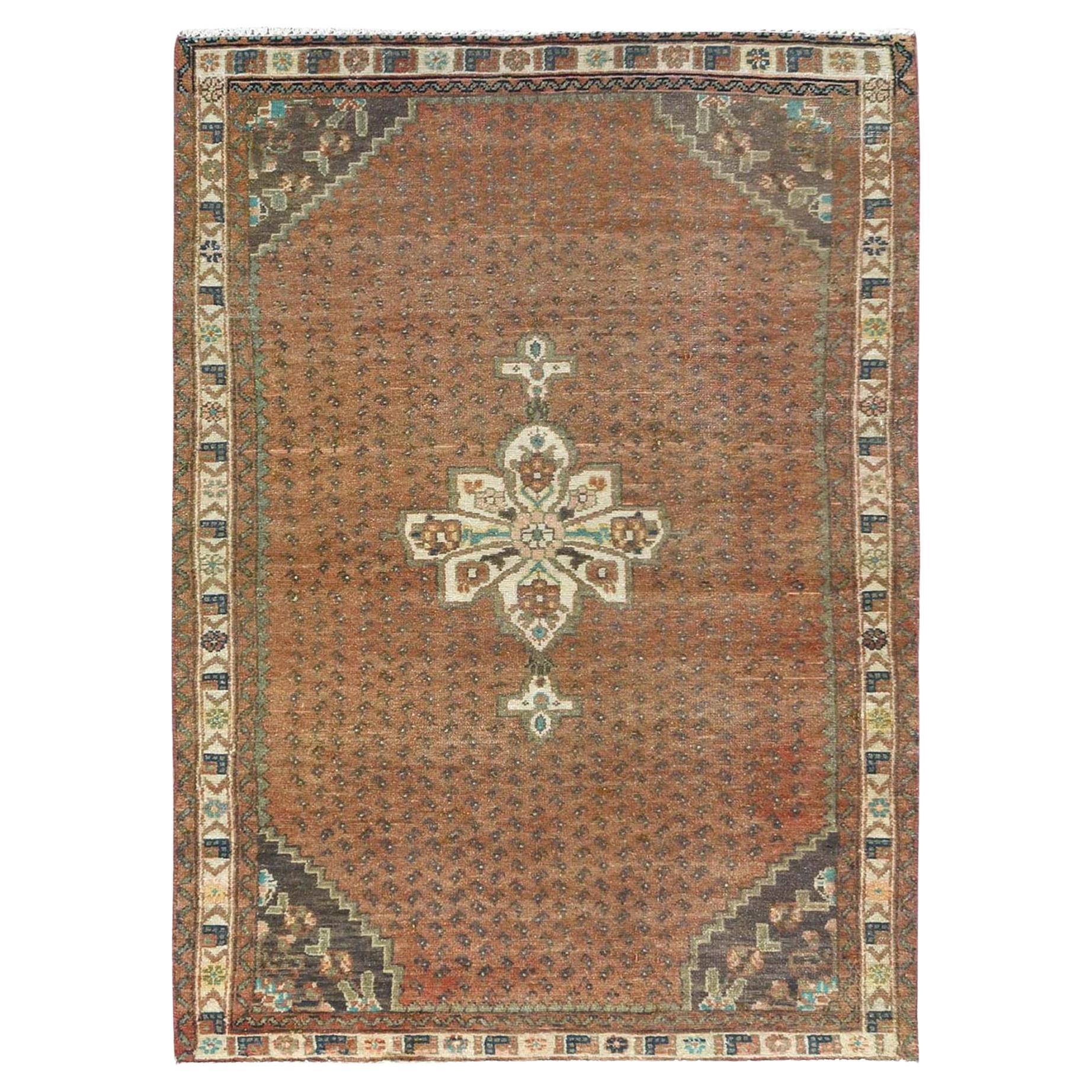 Honey Brown Vintage Persian Hamadan Hand Knotted Pure Wool Worn Down Clean Rug