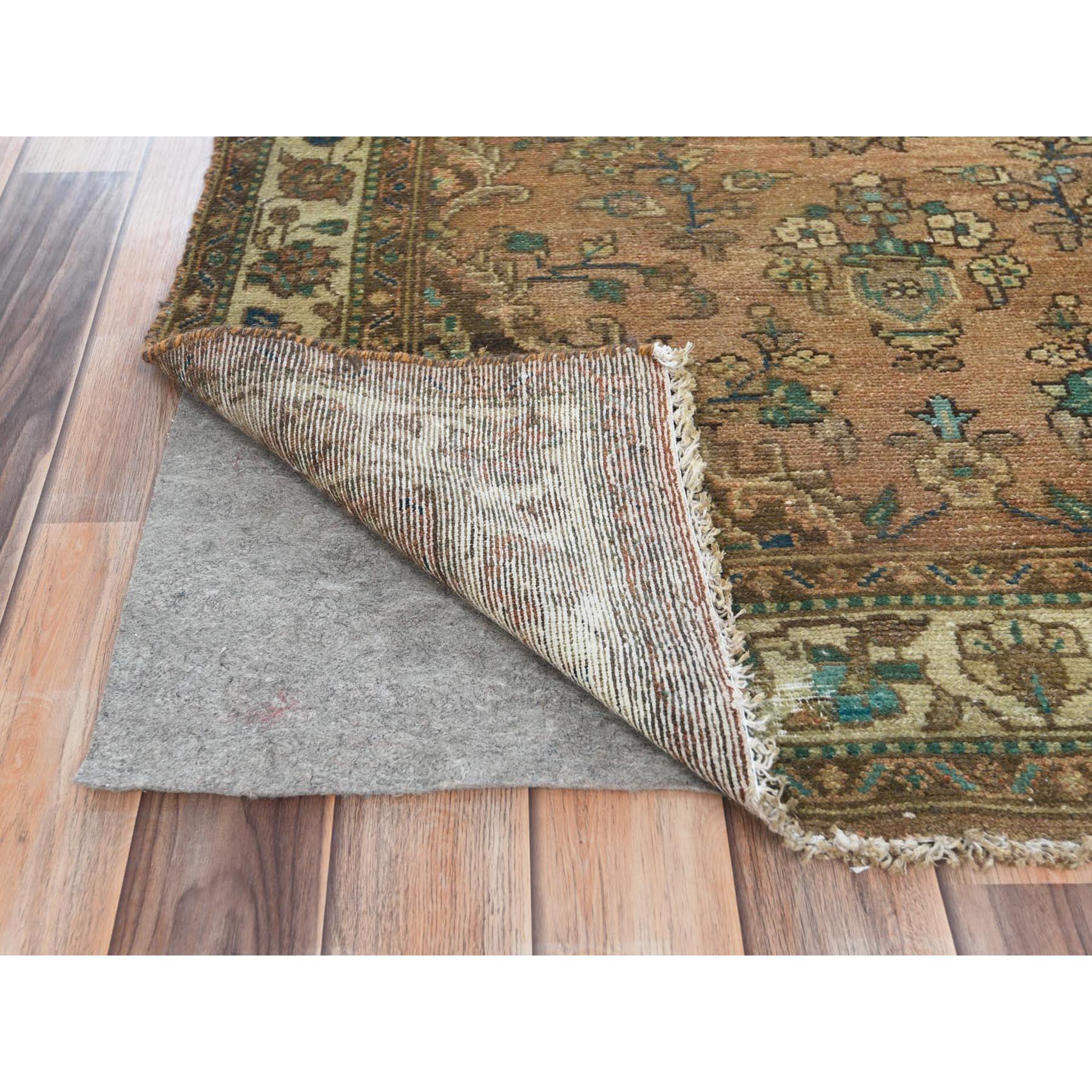 Medieval Honey Brown with Touches of Green, Vintage Persian Hamadan Hand Knotted Wool Rug For Sale