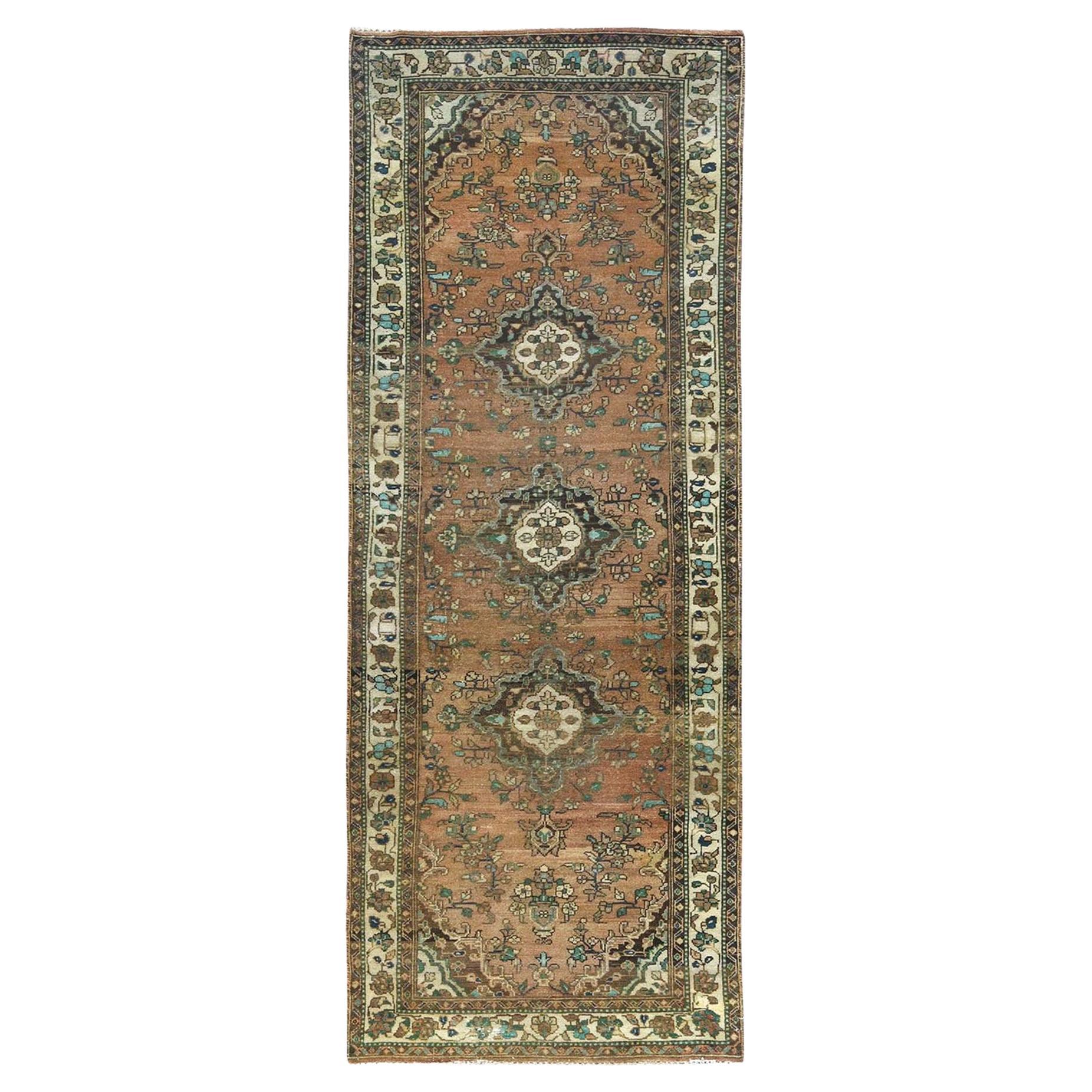 Honey Brown with Touches of Green, Vintage Persian Hamadan Hand Knotted Wool Rug For Sale