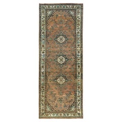 Honey Brown with Touches of Green, Retro Persian Hamadan Hand Knotted Wool Rug