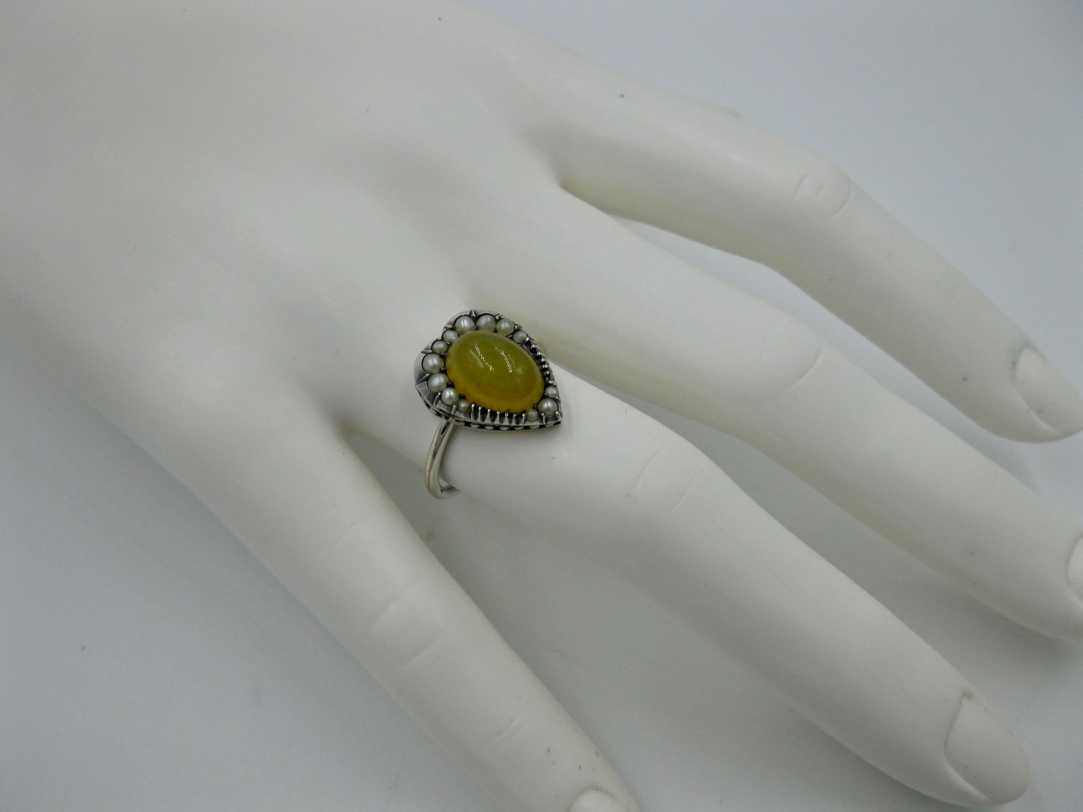 Honey Carnelian Heart Ring Antique Victorian Seed Pearl Sterling Silver 3