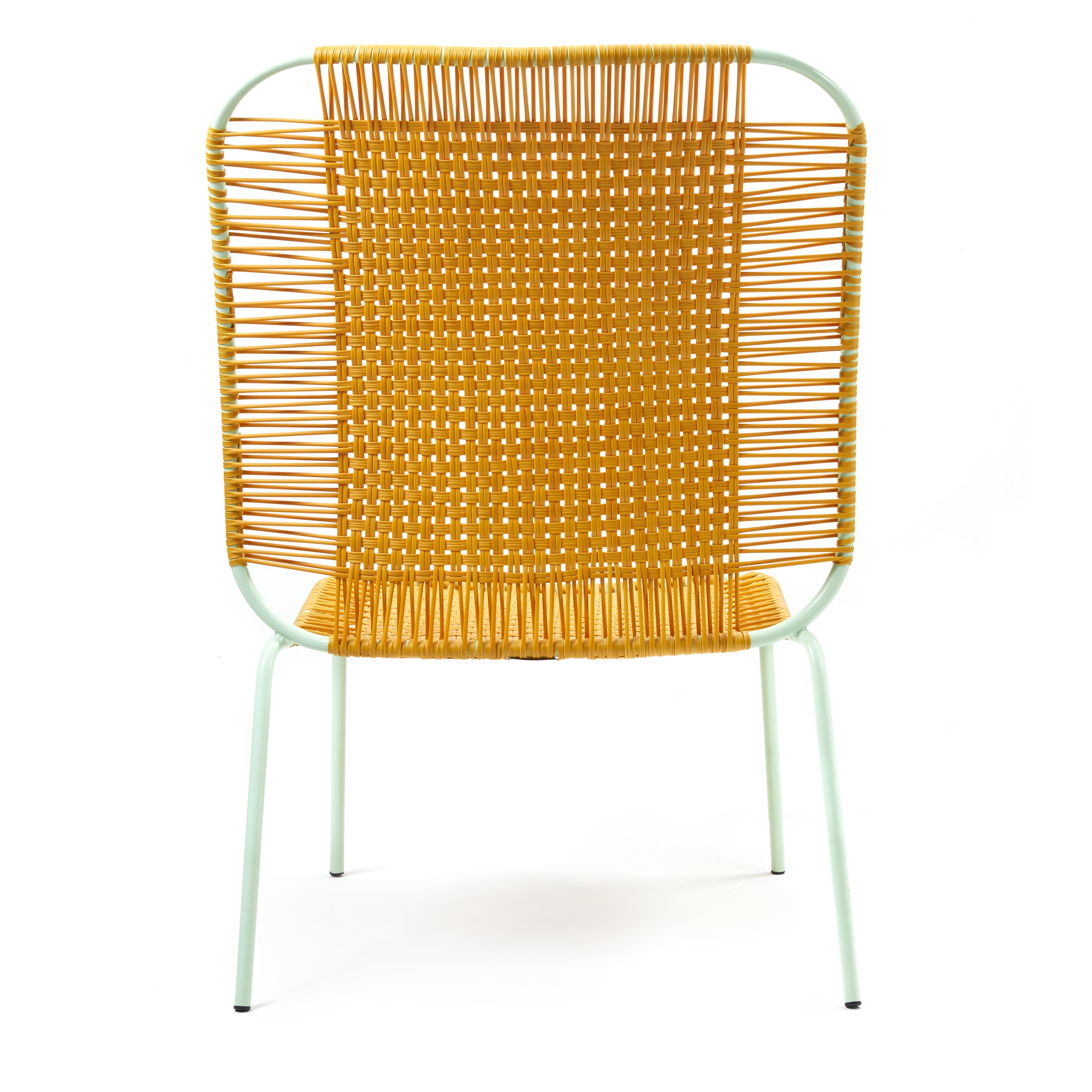 Honey Cielo lounge high chair by Sebastian Herkner
Materials: Galvanized and powder-coated tubular steel. PVC strings are made from recycled plastic.
Technique: Made from recycled plastic and weaved by local craftspeople in Cartagena, Colombia.