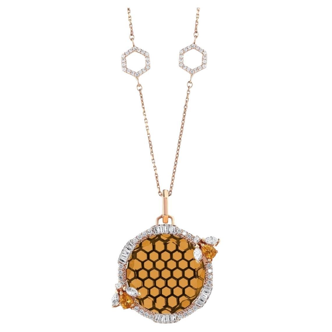 Honey Citrine Diamond Necklace 14k Gold/ Marquis White Diamond For Sale